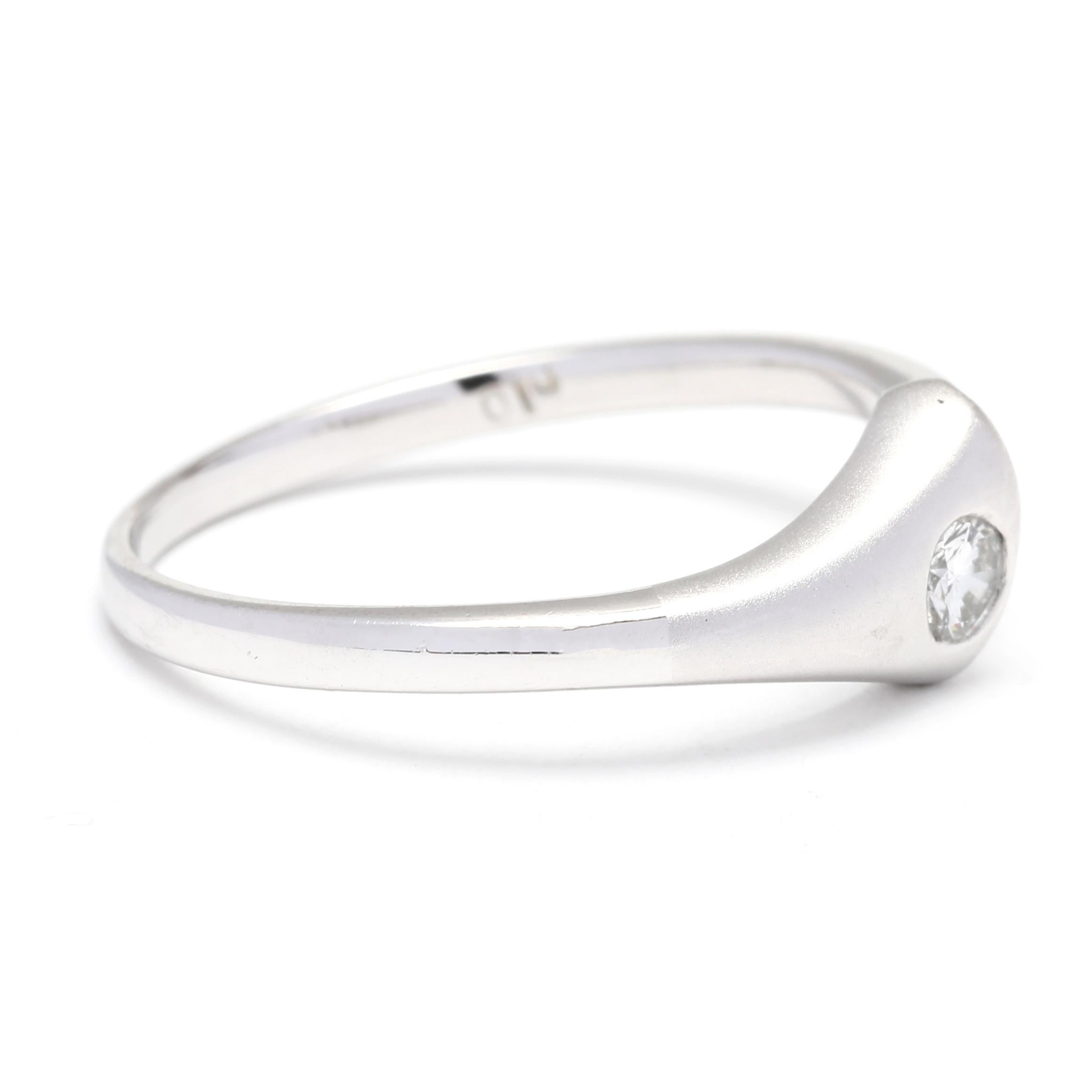 A. Stone:
- diamante, 1 pietra
- taglio rotondo brillante
- 3 mm
- circa .10 carati
- Colore G-H, purezza VS

Anello misura 6

Altezza dal dito: 2.5 mm

Larghezza: 6 mm

Peso: 1,8 dwts. / 2,8 grammi

Francobolli: PT900

Un paio di cose da notare:
*