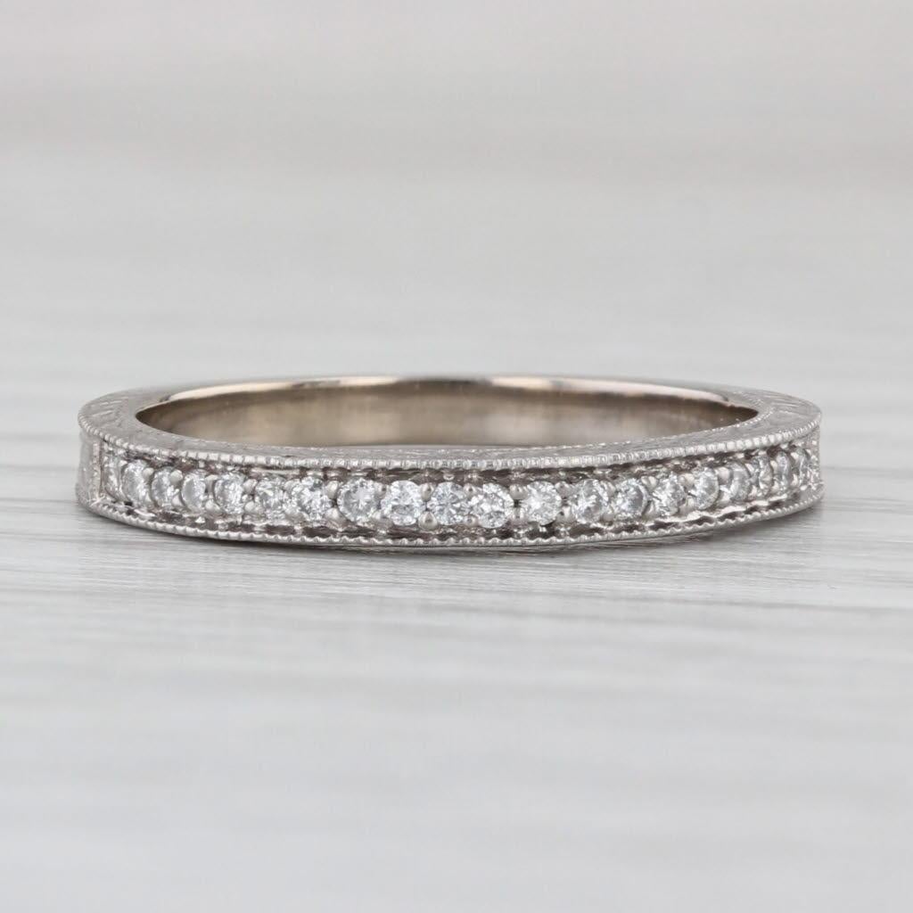0.10ctw Diamond Wheat Etched Wedding Ring 14k White Gold Size 7 Stackable Band For Sale