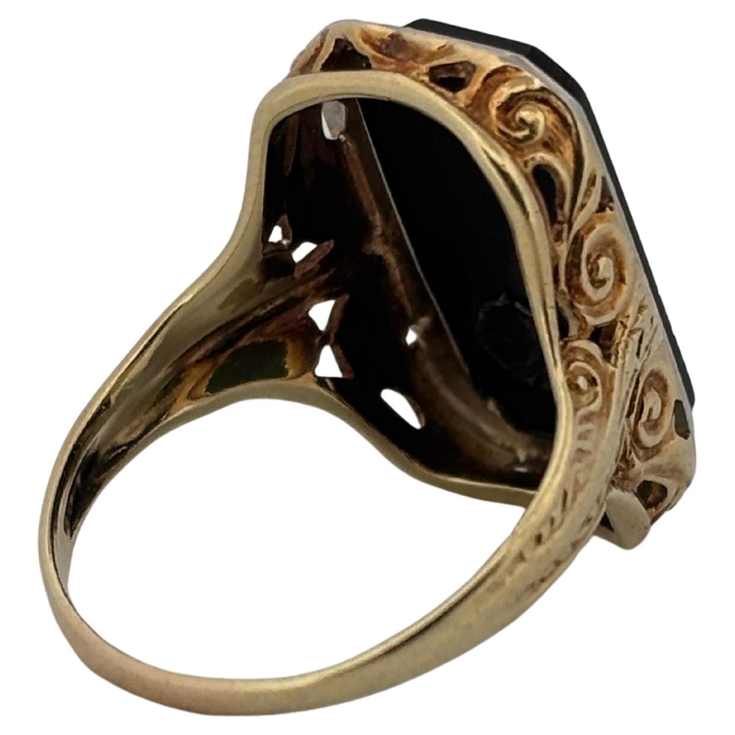 0,10ctw Rundschliff Diamant 14K Gelbgold Rechteckig Schwarz Onyx Ring für Damen oder Herren im Angebot