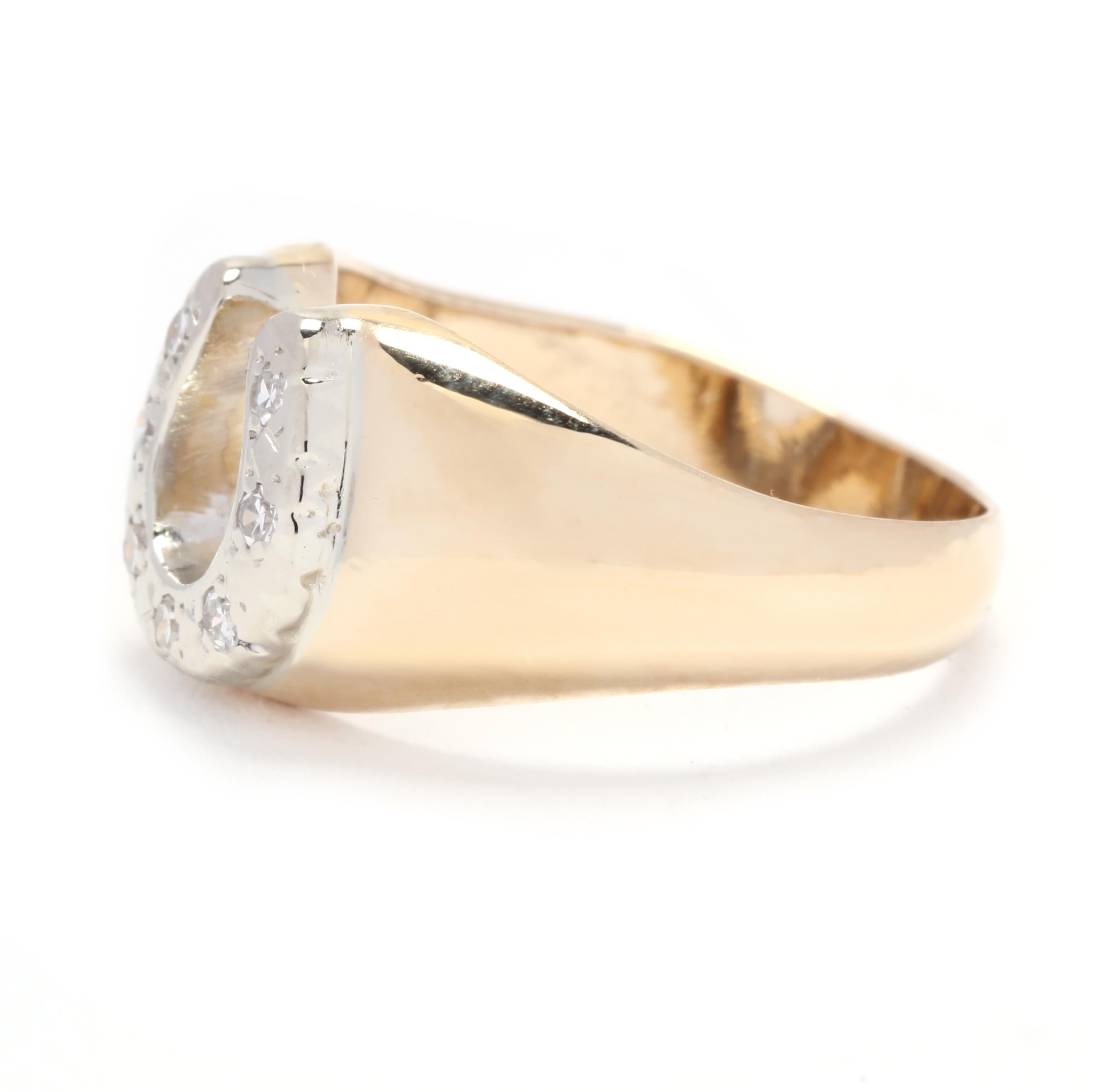 Round Cut 0.10ctw Vintage Diamond Horseshoe Ring, 14K Yellow Gold, Ring Size 6.5, Diamond  For Sale