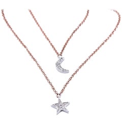 0.11 Carat Diamond 14 Karat Rose Gold Moon and Star Necklace