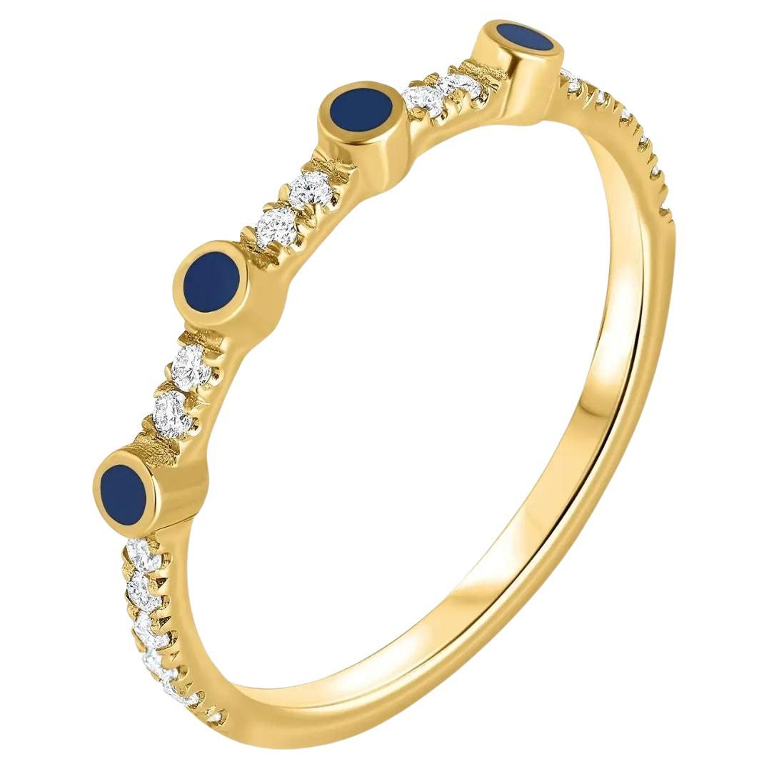 En vente :  Shlomit Rogel Bague empilable en or jaune 14 carats avec émail bleu et diamants 0,11 carat