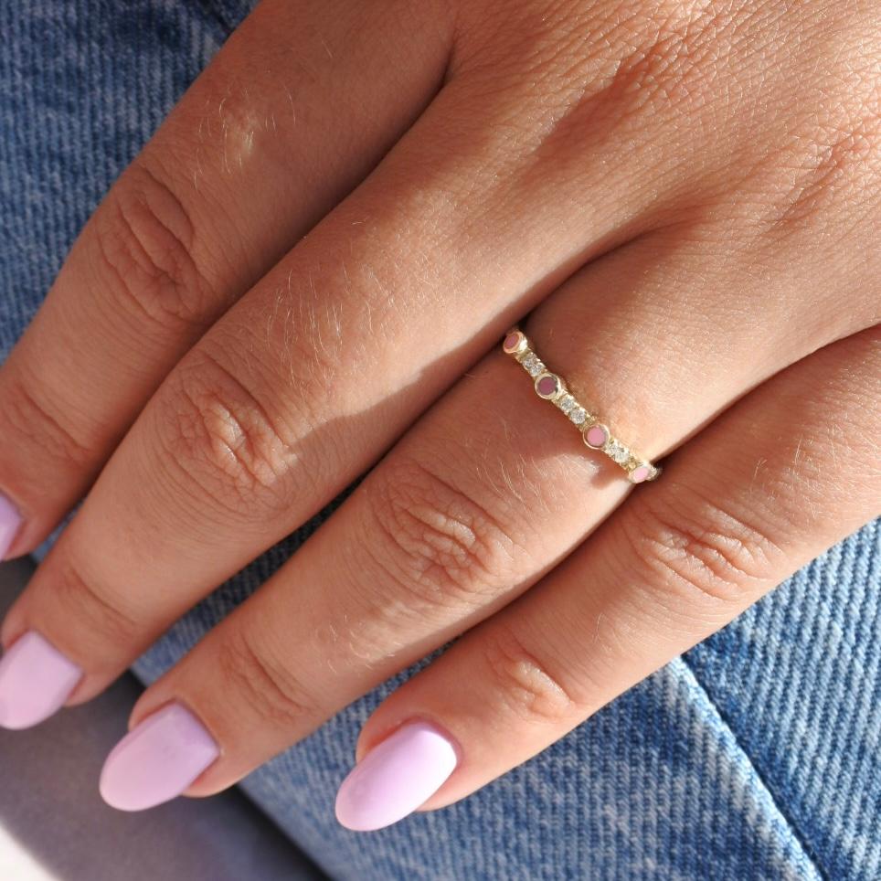 For Sale:  0.11 Carat Diamond Pink Enamel Stacking Ring in 14K Yellow Gold, Shlomit Rogel 2