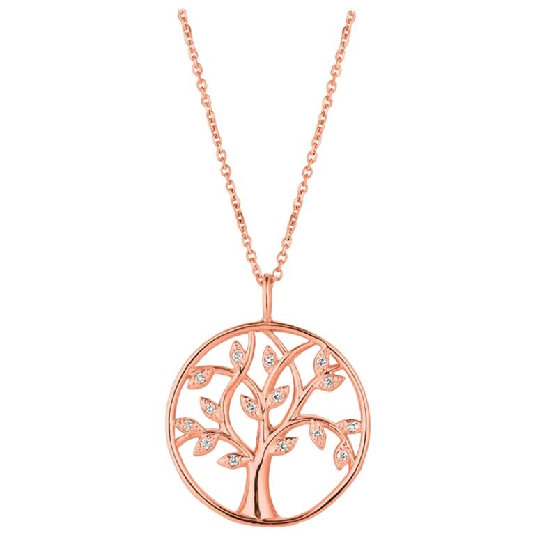 Collier pendentif arbre en or rose 14 carats avec diamants naturels 0,11 carat G SI en vente