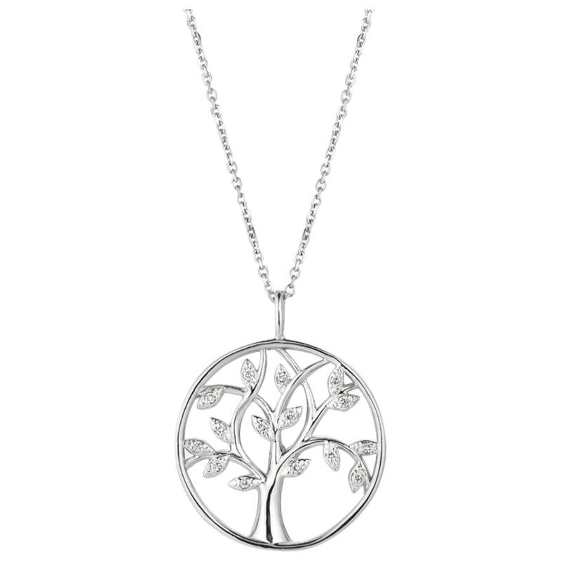 0.11 Carat Natural Diamond Tree Necklace Pendant 14 Karat White Gold G SI For Sale