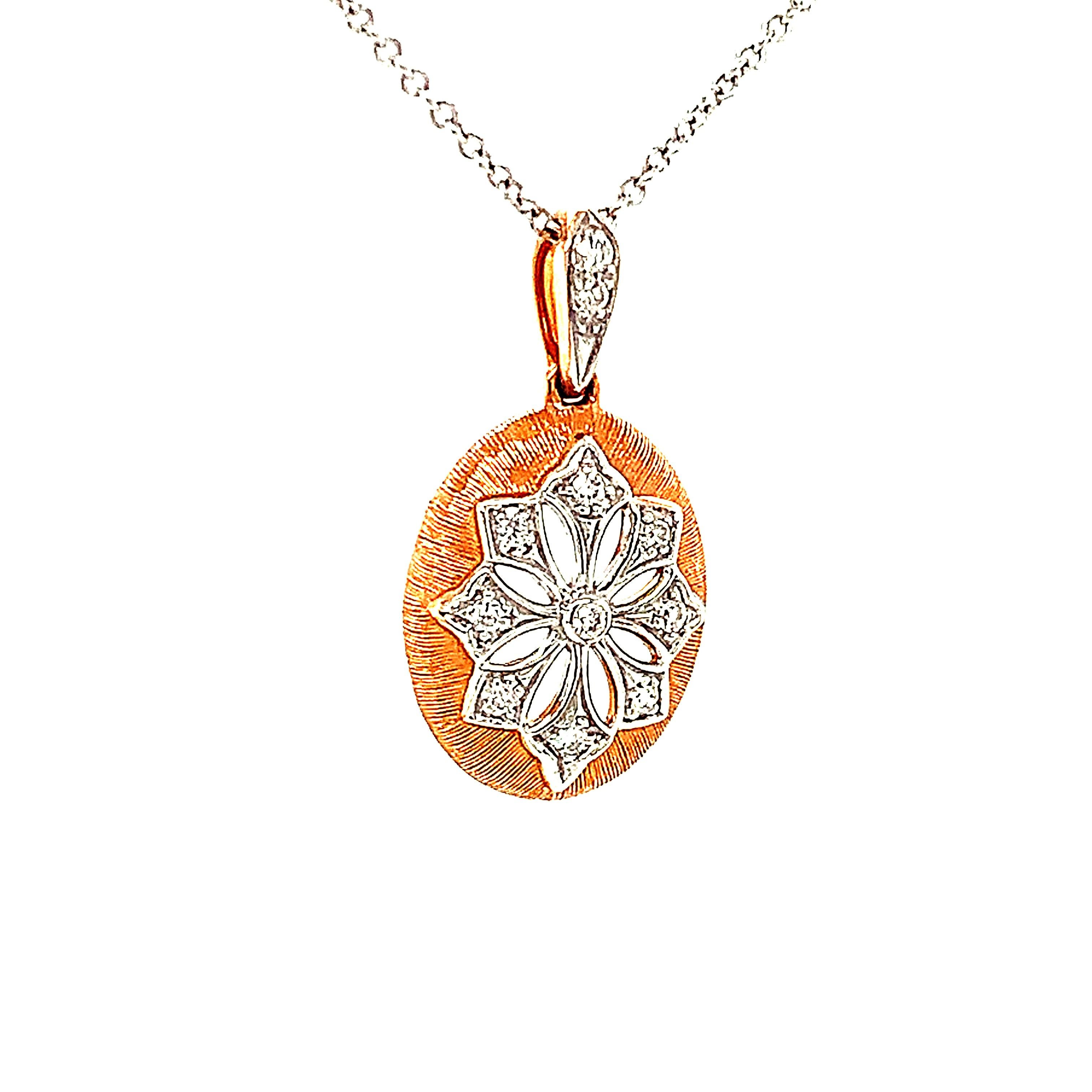 Artisan Diamond Pave Pendant in Rose and White Gold with 18-Inch White Gold Chain For Sale