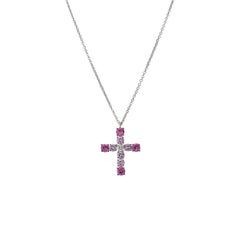 0.11 GVS Diamond 0.96 Pink Sapphire 0.95 Ruby 18 Karat White Gold Cross Necklace