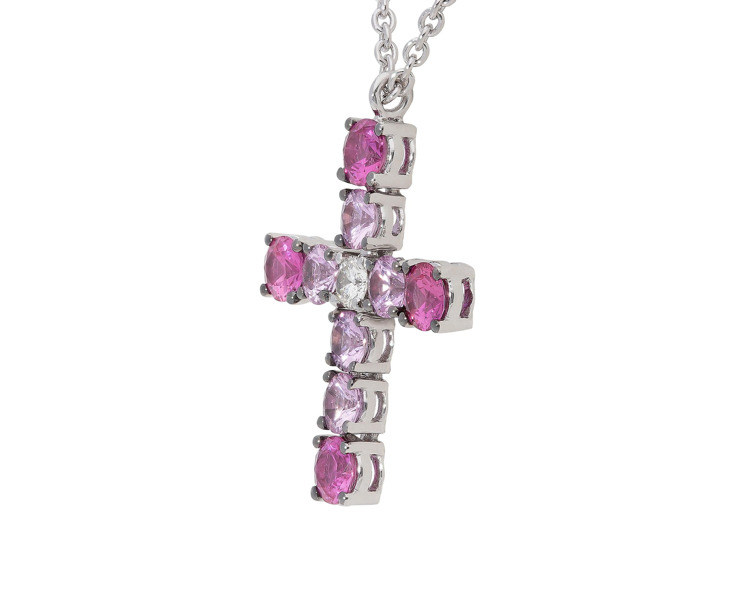 Modern 0.11 GVS Diamond 0.96 Pink Sapphire 0.95 Ruby 18 Karat White Gold Cross Necklace For Sale