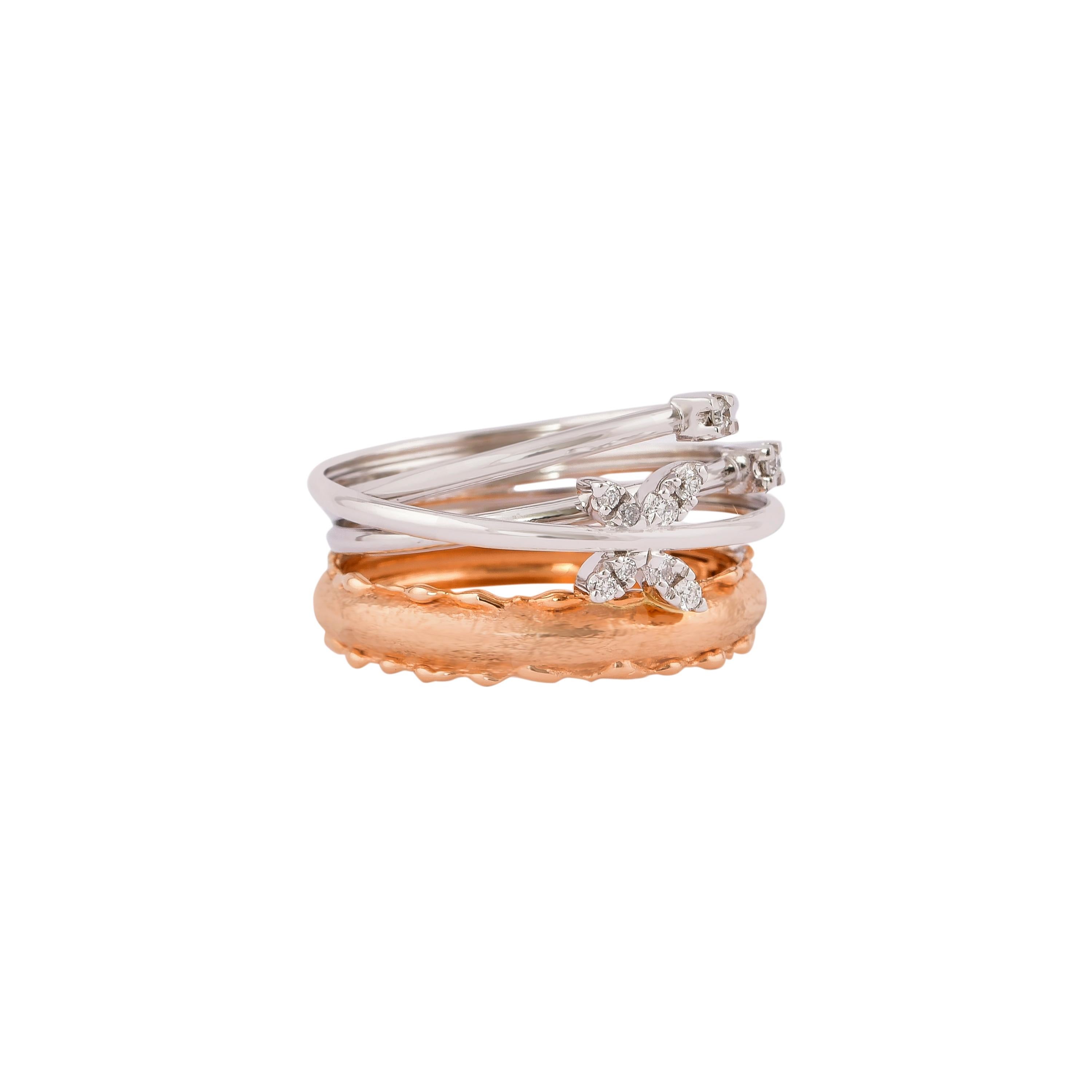 Unique and Designer Cocktail Rings by Sunita Nahata Fine Design.

Classic Diamond ring in 18K White & Rose gold. 

Diamond: 0.116 carat, 1.45mm size, round shape, G colour, VS clarity.

Gold: 4.19g, 18K White & Rose gold. 
Ring Size: US 6.75 - Size
