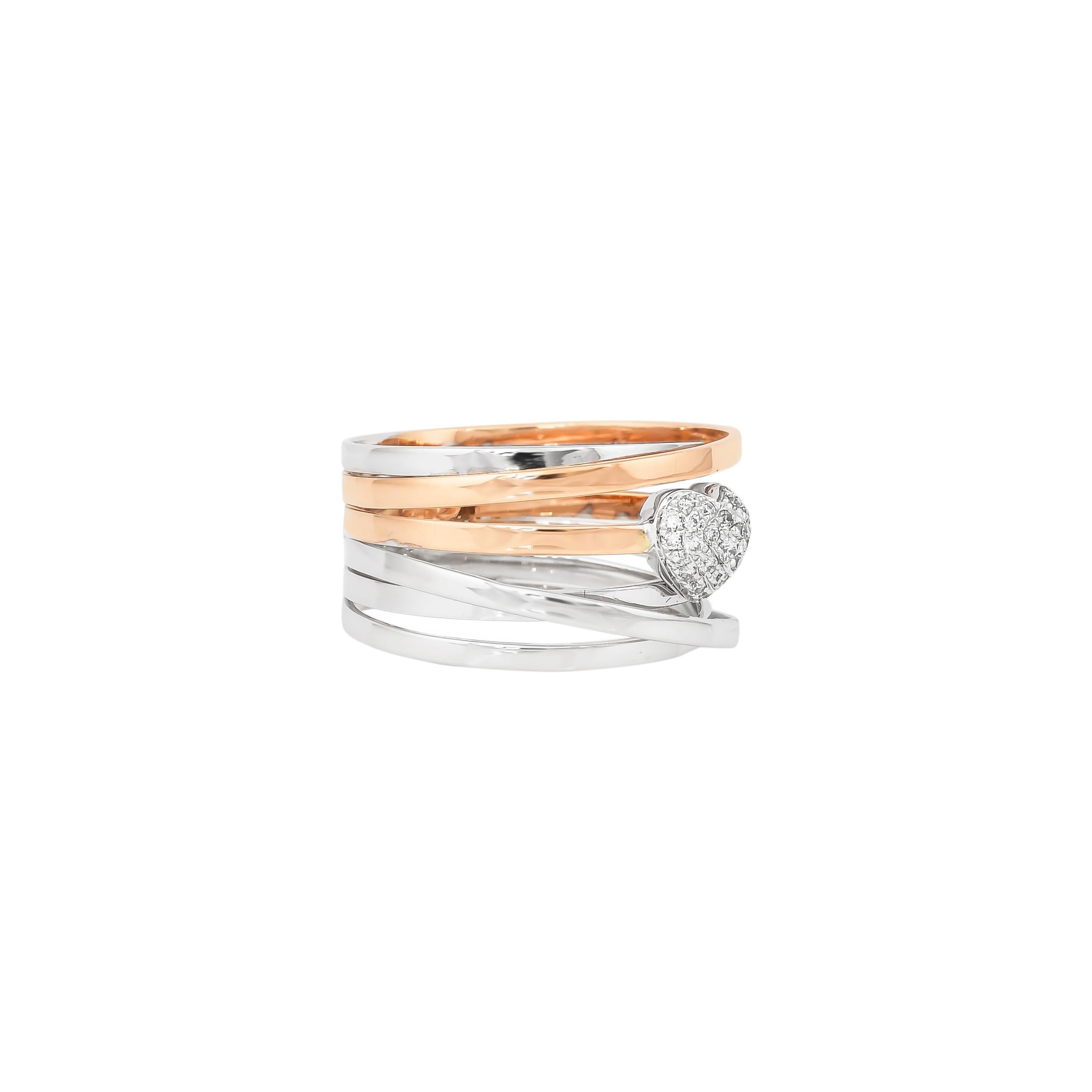 Unique and Designer Cocktail Rings by Sunita Nahata Fine Design.

Classic Diamond ring in 18K White & Rose gold. 

Diamond: 0.01 carat, 1.30mm size, round shape, G colour, VS clarity.
Diamond: 0.031 carat, 1.10mm size, round shape, G colour, VS