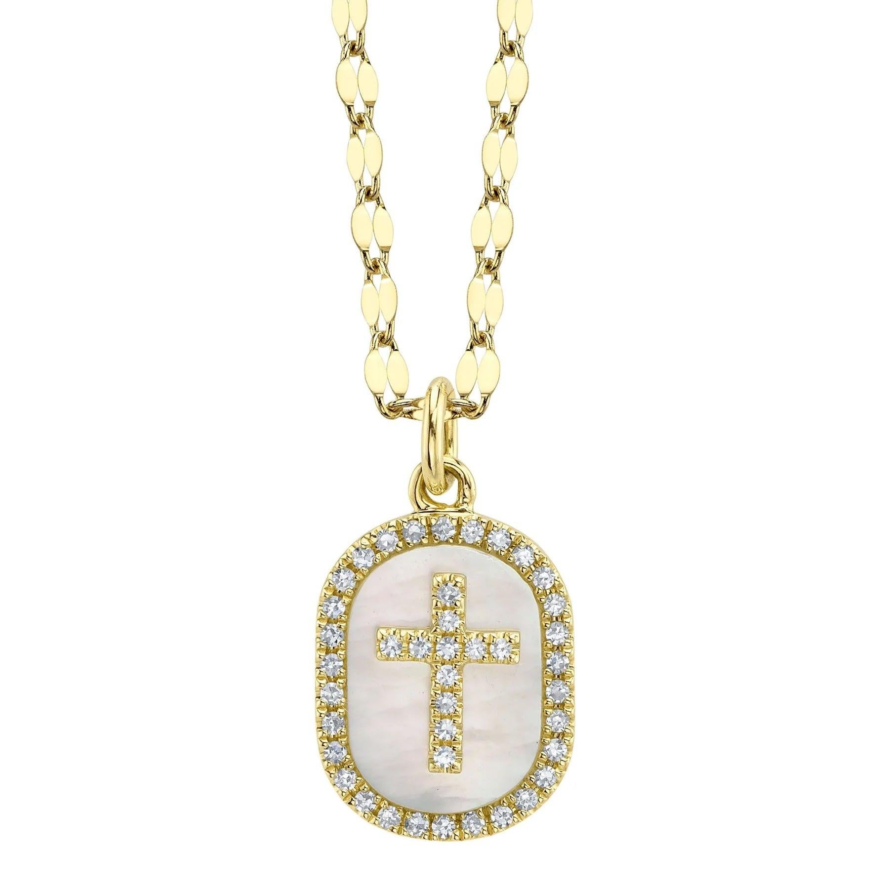 0.11ct Round Brilliant Cut Diamond and Mother of Pearl Cross Necklace For Sale