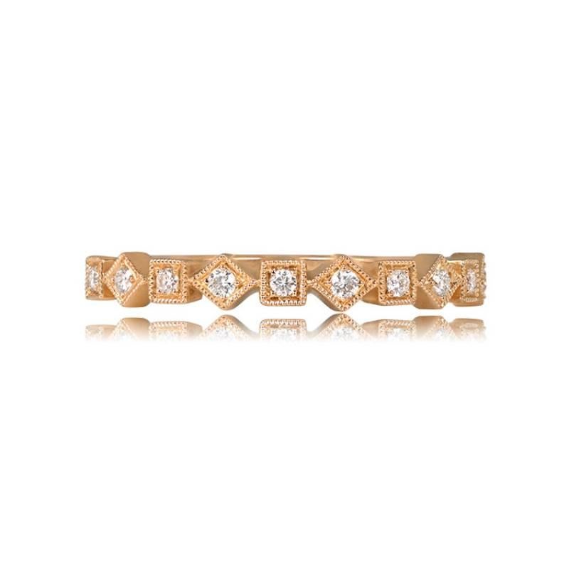 A stunning half-eternity band crafted in 18k yellow gold, featuring round brilliant cut diamonds meticulously pave-set in alternating square and diamond-shaped bezels. The band has a width of 2.80mm, and the total diamond weight is 0.11 carats,
