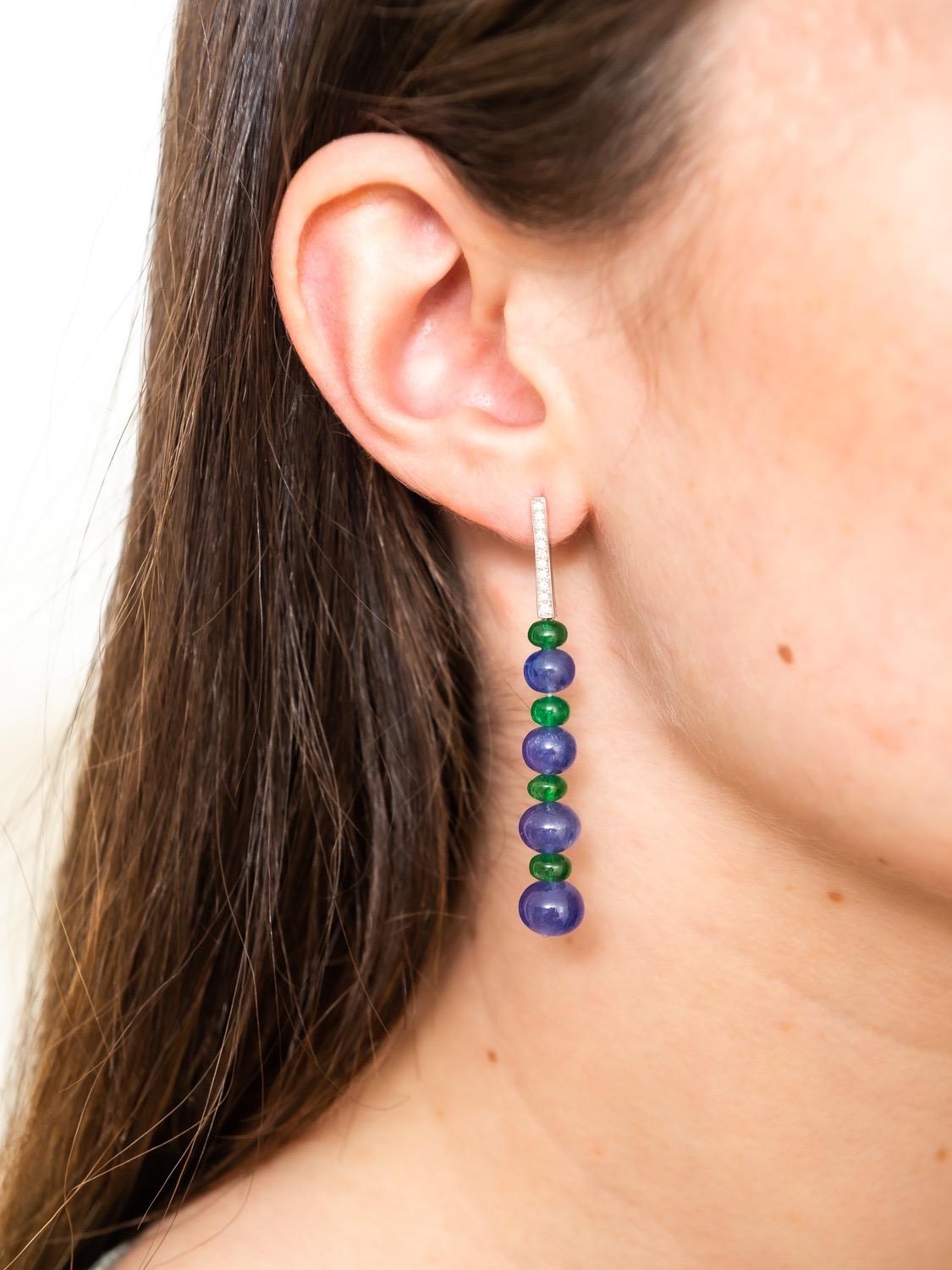 Diamond Earrings Tanzanite Tsavorite Beads Gold 18 Karat In New Condition For Sale In Vannes, FR