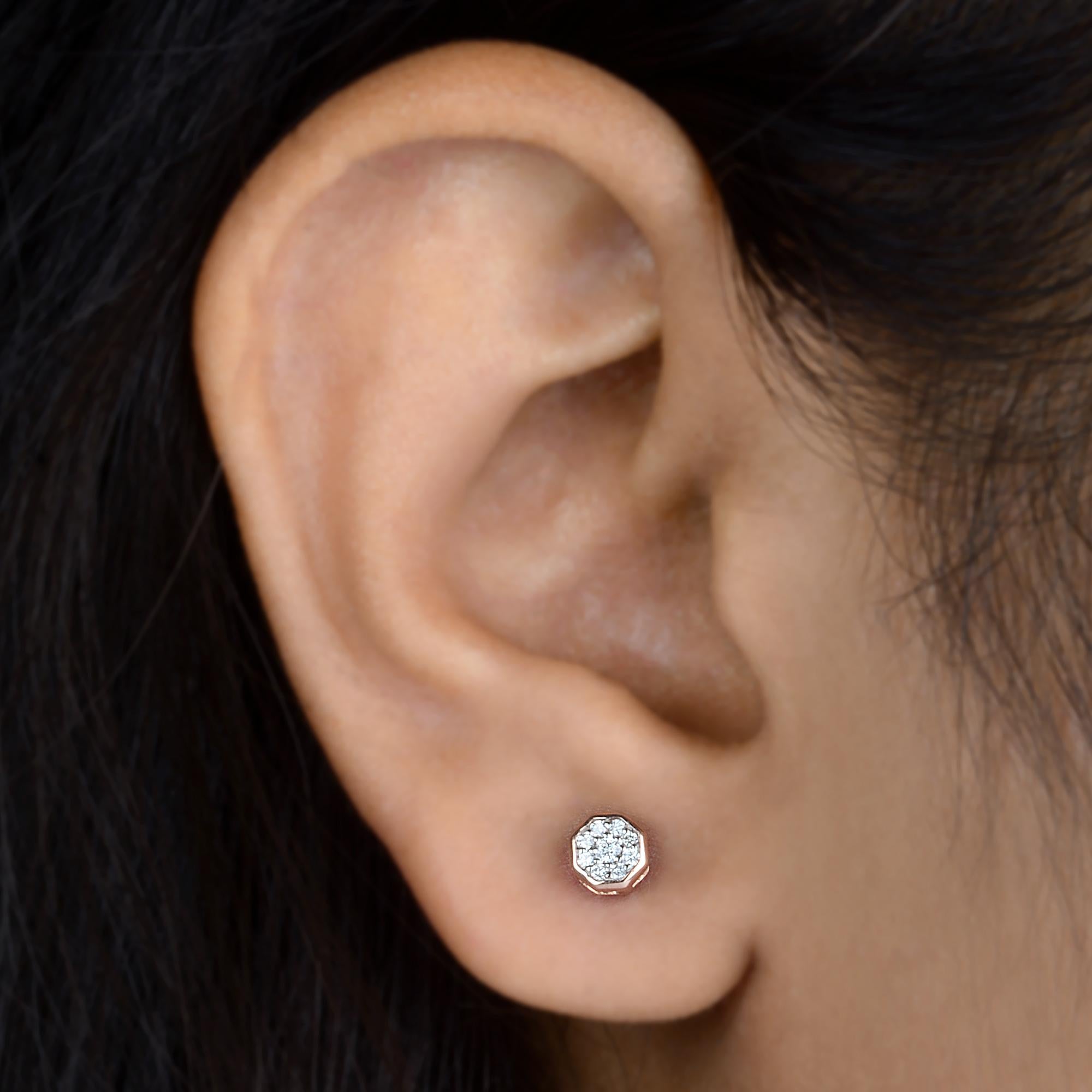 Modern 0.12 Carat Diamond Octagon Stud Earrings Solid 10k Rose Gold Handmade Jewelry For Sale