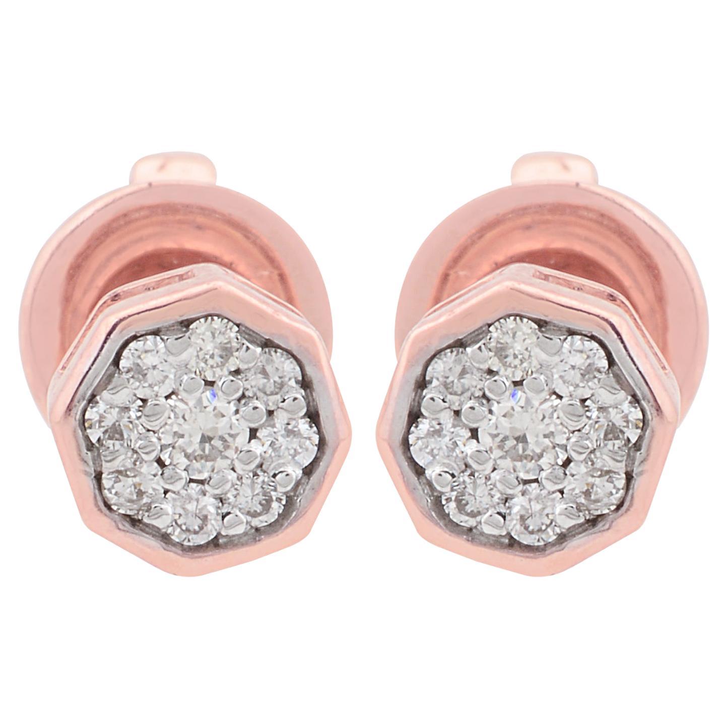 0.12 Carat Diamond Octagon Stud Earrings Solid 10k Rose Gold Handmade Jewelry For Sale