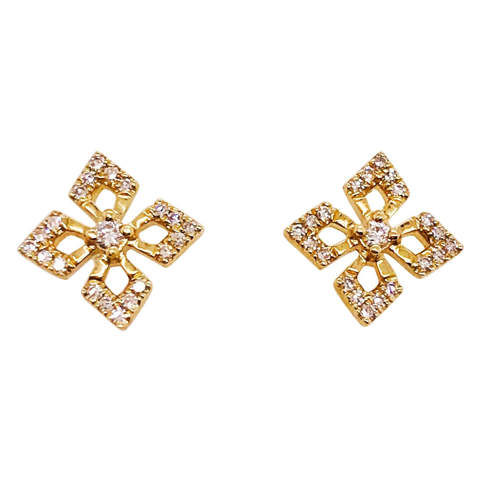 0.12 Carat Diamond Petal Clover Earring Studs in 14 Karat Yellow Gold