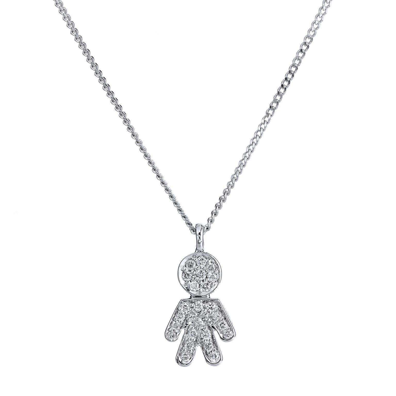 Diamond Boy Charm Pendant Necklace 0.12 Carat 18 Karat White Gold

This adorable boy charm is so sweet!  It measures 11 x 7 mm at it's widest.  The necklace and pendant are created in 18 karat white gold, featuring 0.12 carats of pave set