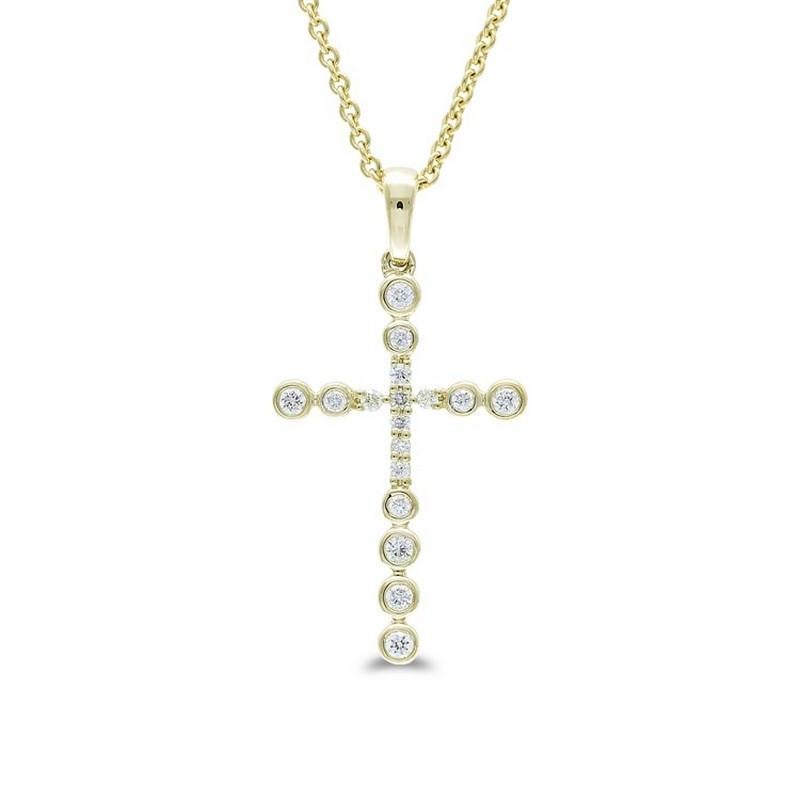    Diamond Carat Weight: The cross pendant boasts a total of 0.12 carats of diamonds. The design incorporates 17 round-cut diamonds, meticulously set to create a stunning and meaningful arrangement.

    Gold Type: Crafted with precision in 14K