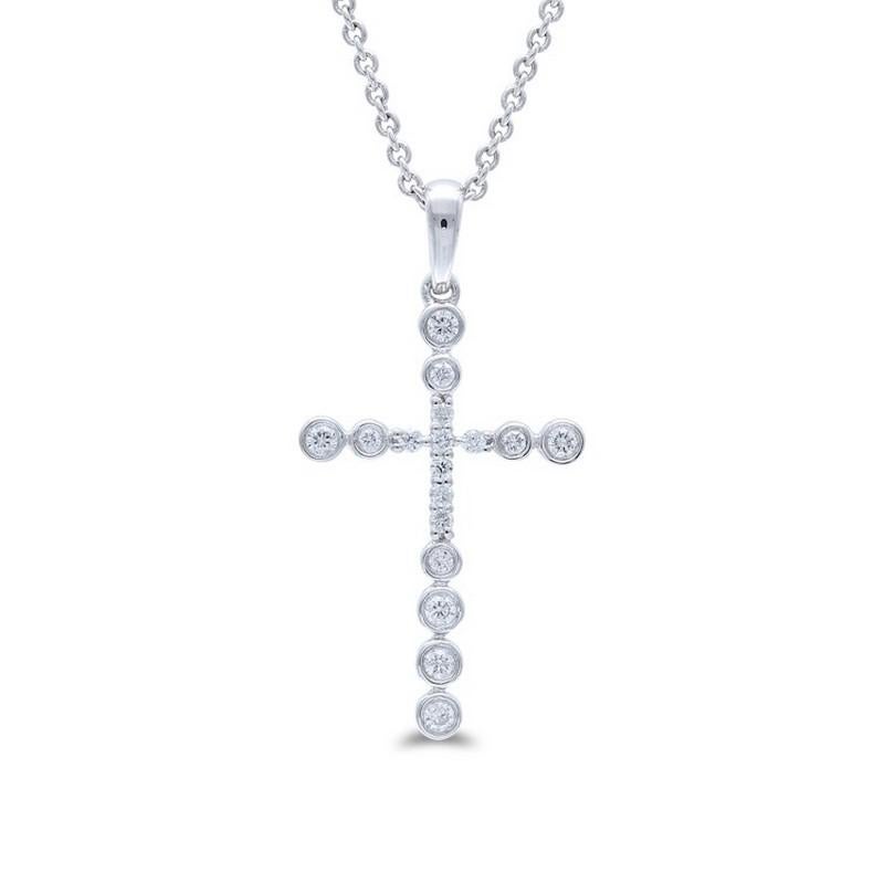     Diamond Carat Weight: The cross pendant boasts a total of 0.12 carats of diamonds. The design incorporates 17 round-cut diamonds, meticulously set to create a stunning and meaningful arrangement.

    Gold Type: Crafted with precision in 18K