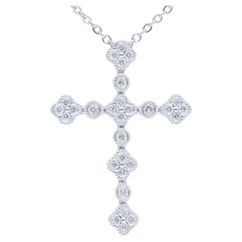 0.12 Carat Diamonds in 14K White Gold Cross Necklace For Sale