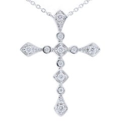 0.12 Carat Diamonds Wing Cross Necklace in 14K White Gold
