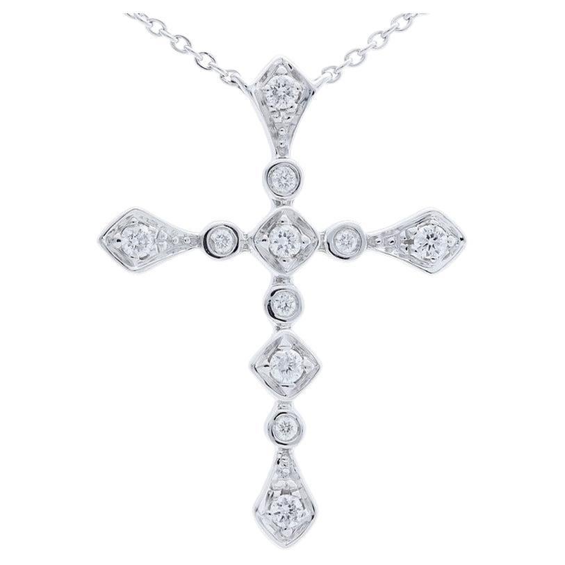 0.12 Carat Diamonds Wing Cross Necklace in 14K White Gold For Sale