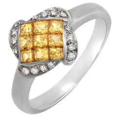 Bague fleur en or 18 carats avec diamants ronds 0,12 carat et saphir jaune 1,02 carat