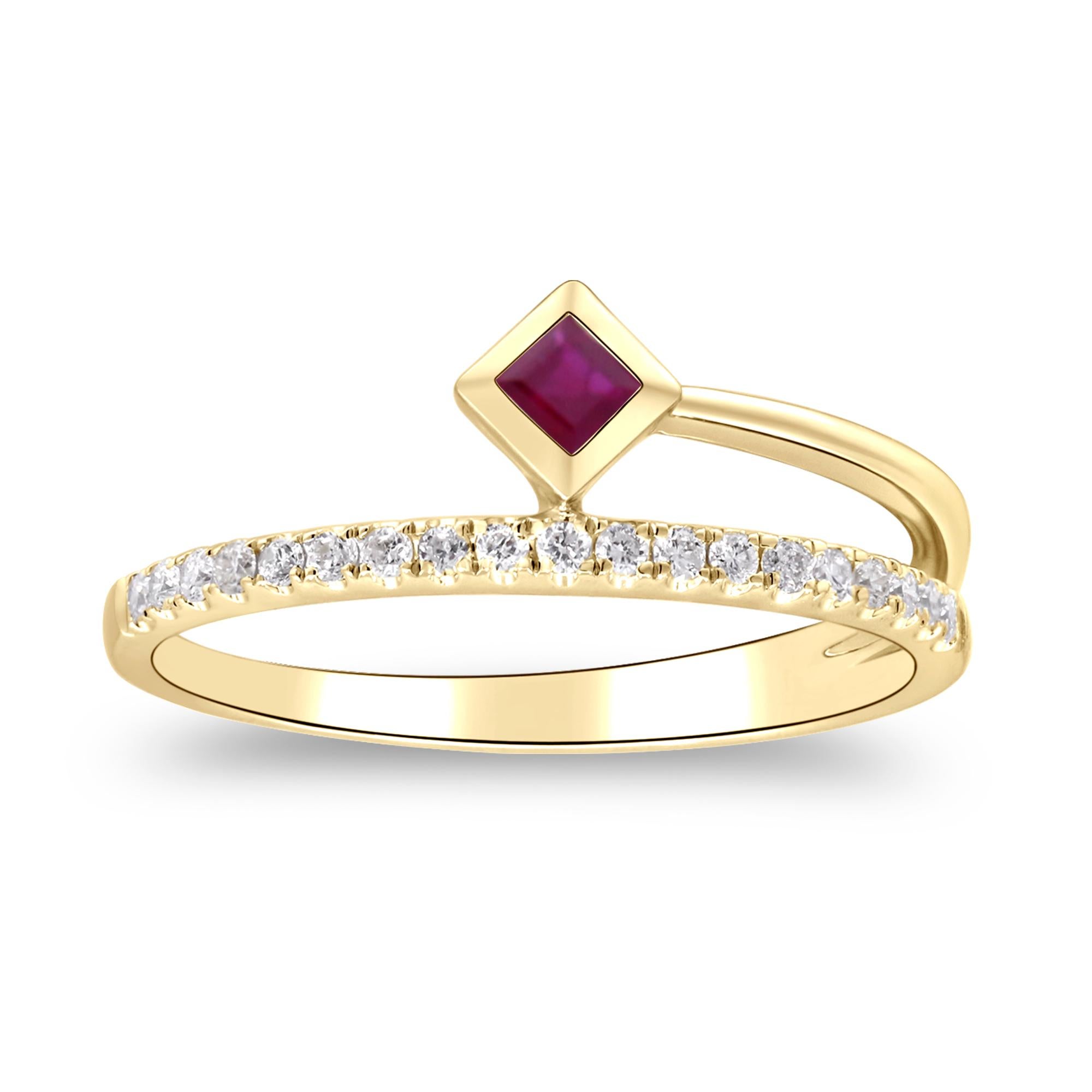 Stunning, timeless and classy eternity Unique Ring. Decorate yourself in luxury with this Gin & Grace Ring. The 14K Yellow Gold jewelry boasts 2.5 mm (1 pcs) 0.12 carat Square-Cut Prong Setting Ruby, along with Natural Round-cut white Diamond (19