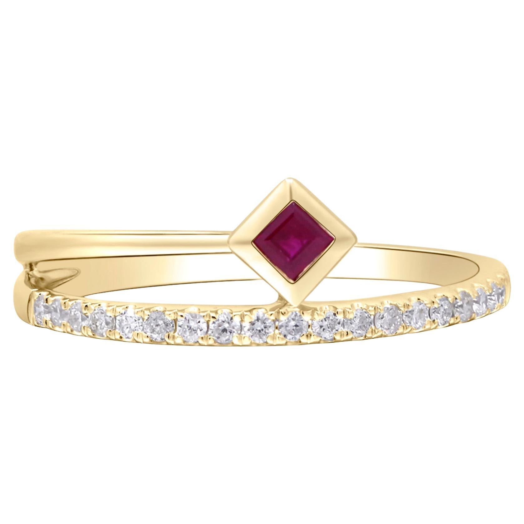 0.12 Carat Square-Cut Ruby With Diamond Accents 14K Yellow Gold Ring For Sale
