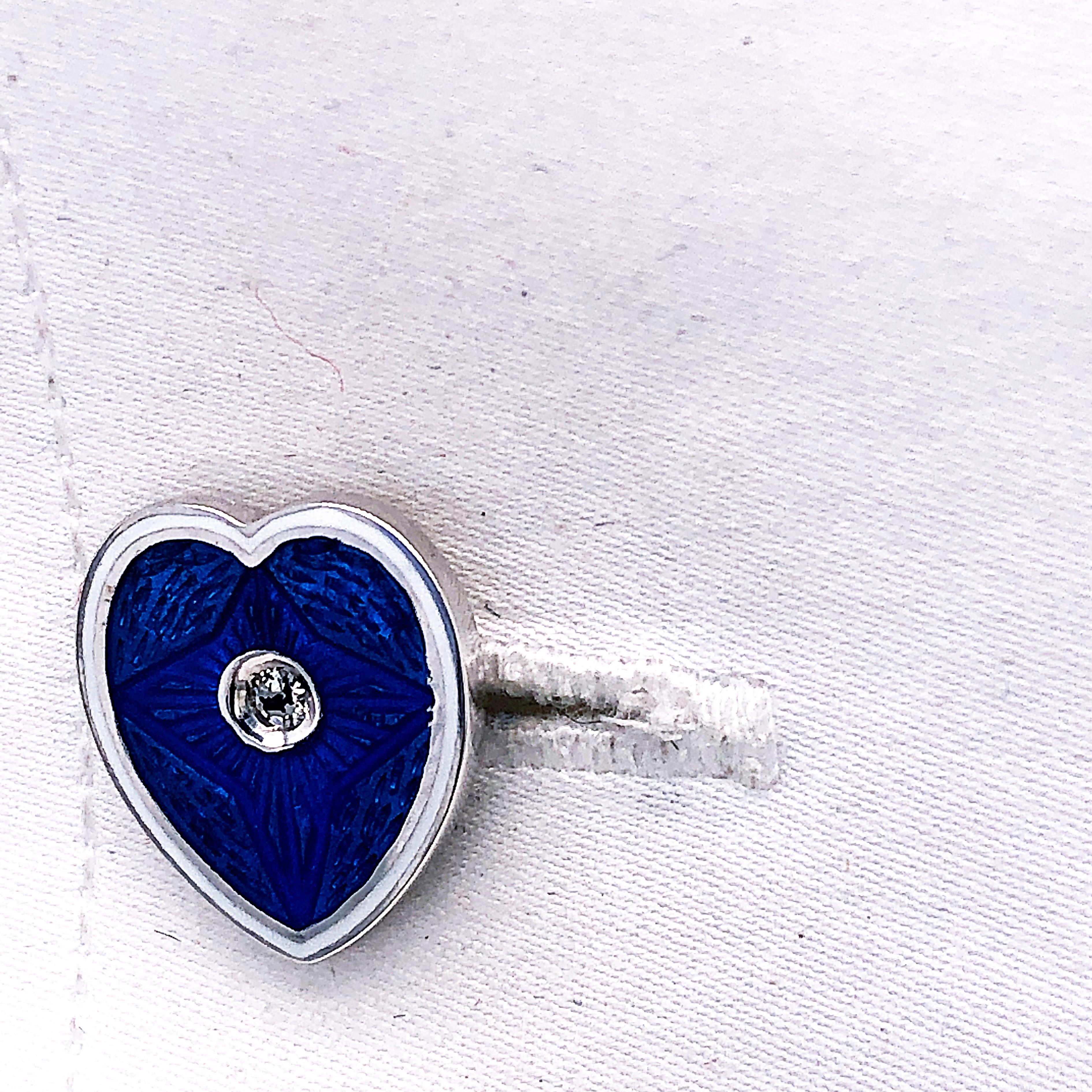 Berca 0.12 Karat White Diamond Blue White Enameled Heart-Shaped Gold Cufflinks For Sale 5