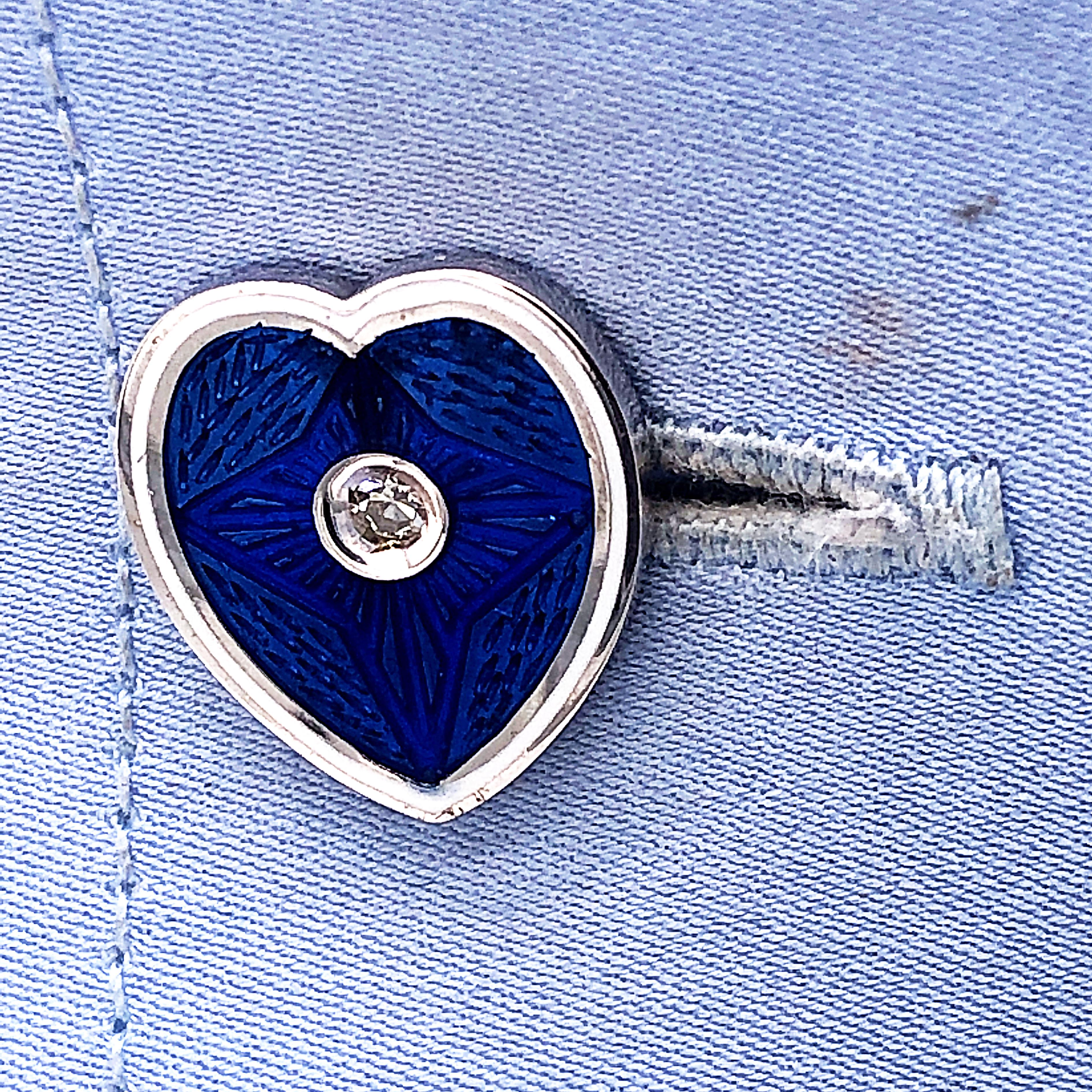 Berca 0.12 Karat White Diamond Blue White Enameled Heart-Shaped Gold Cufflinks For Sale 1