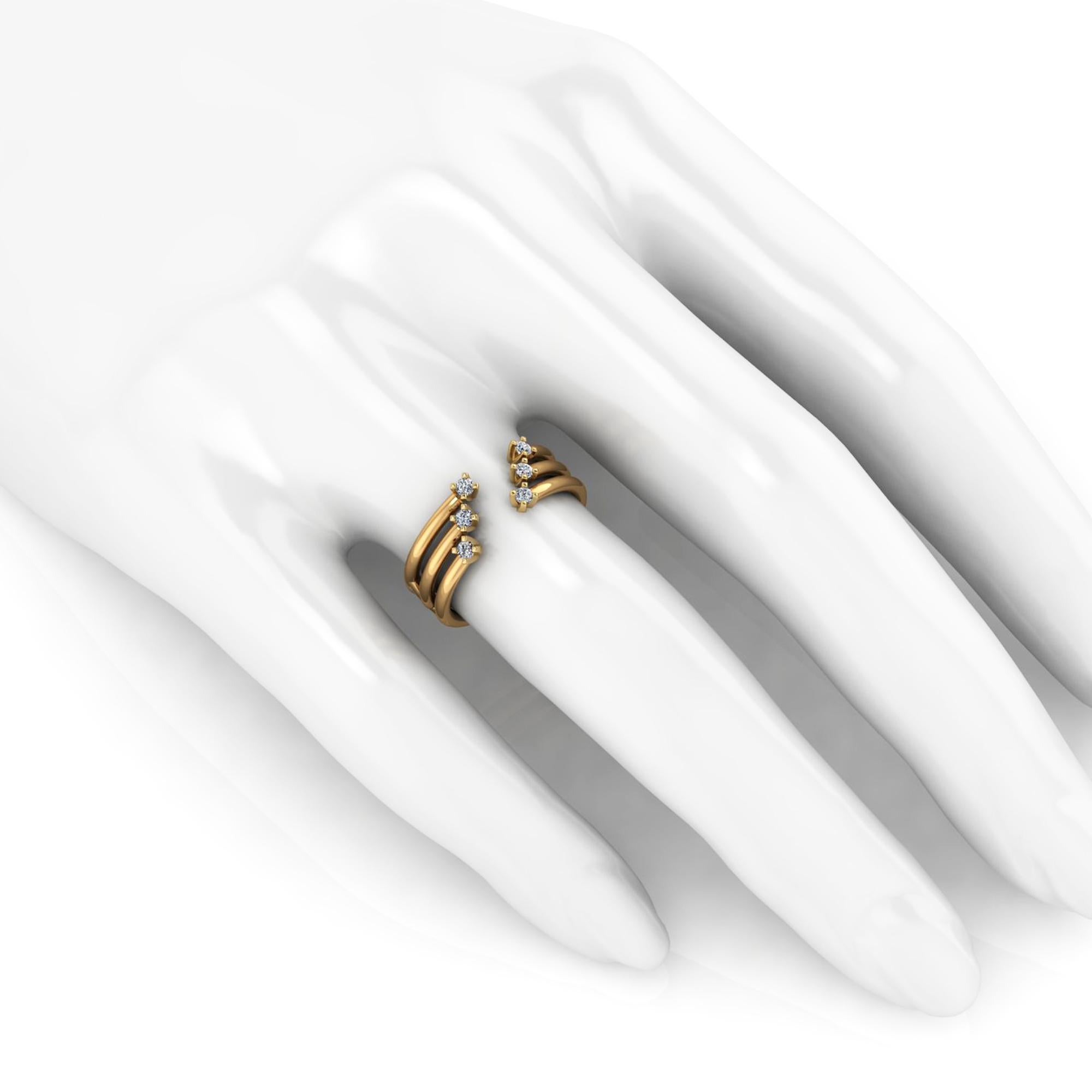 Modern 0.12 Carat White Diamonds Three Bands 18 Karat Yellow Gold Open Ring For Sale