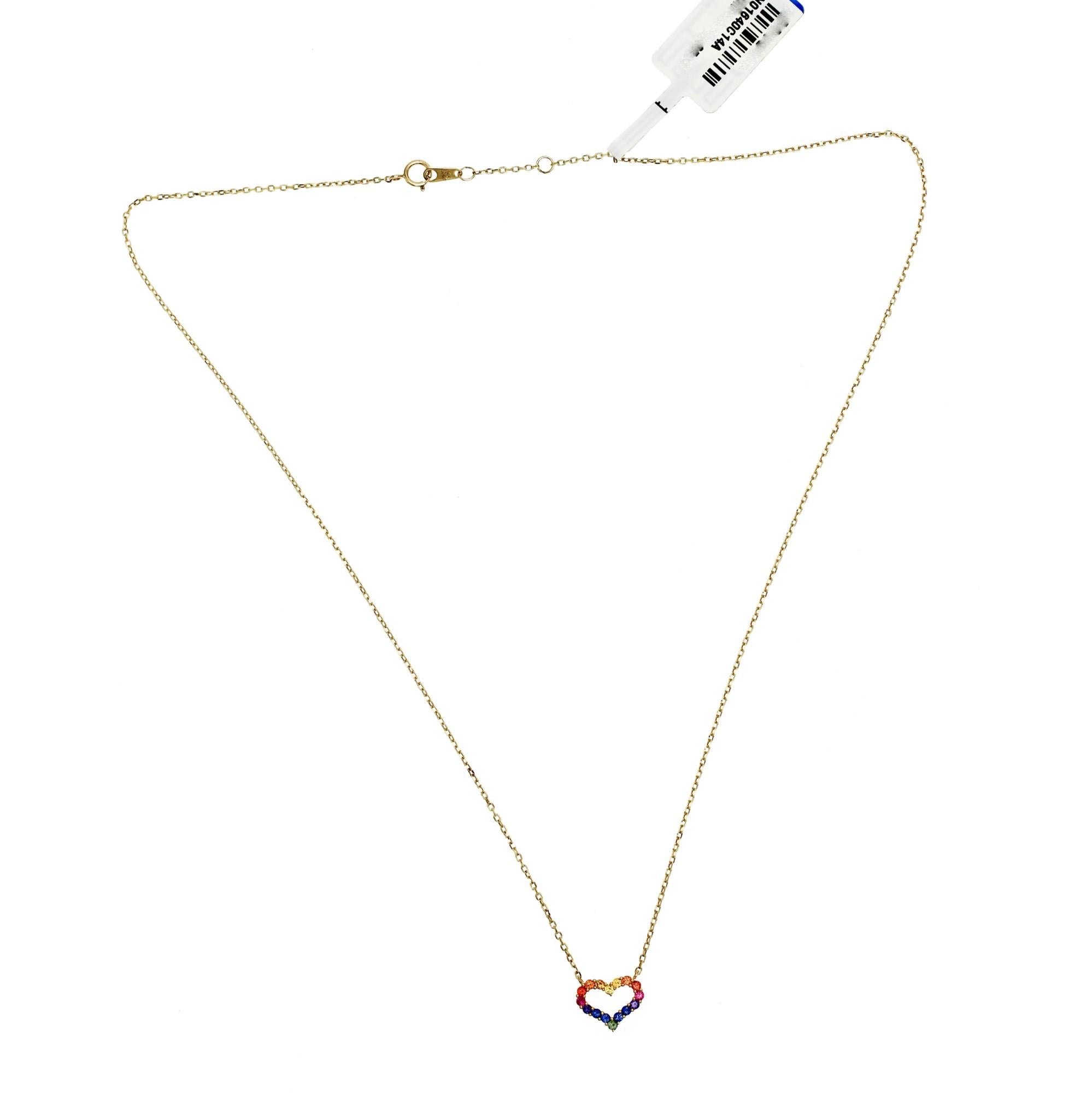 100% Authentic, 100% Customer Satisfaction

Pendant: 10 mm

Chain: 1 mm

Size: 16-18 Inches

Metal: 14K Yellow  Gold

Hallmarks: 14K

Total Weight: 1.37 Grams

Stone Type: 0.40 CT Natural Multi Sapphire

Condition: New With Tag 