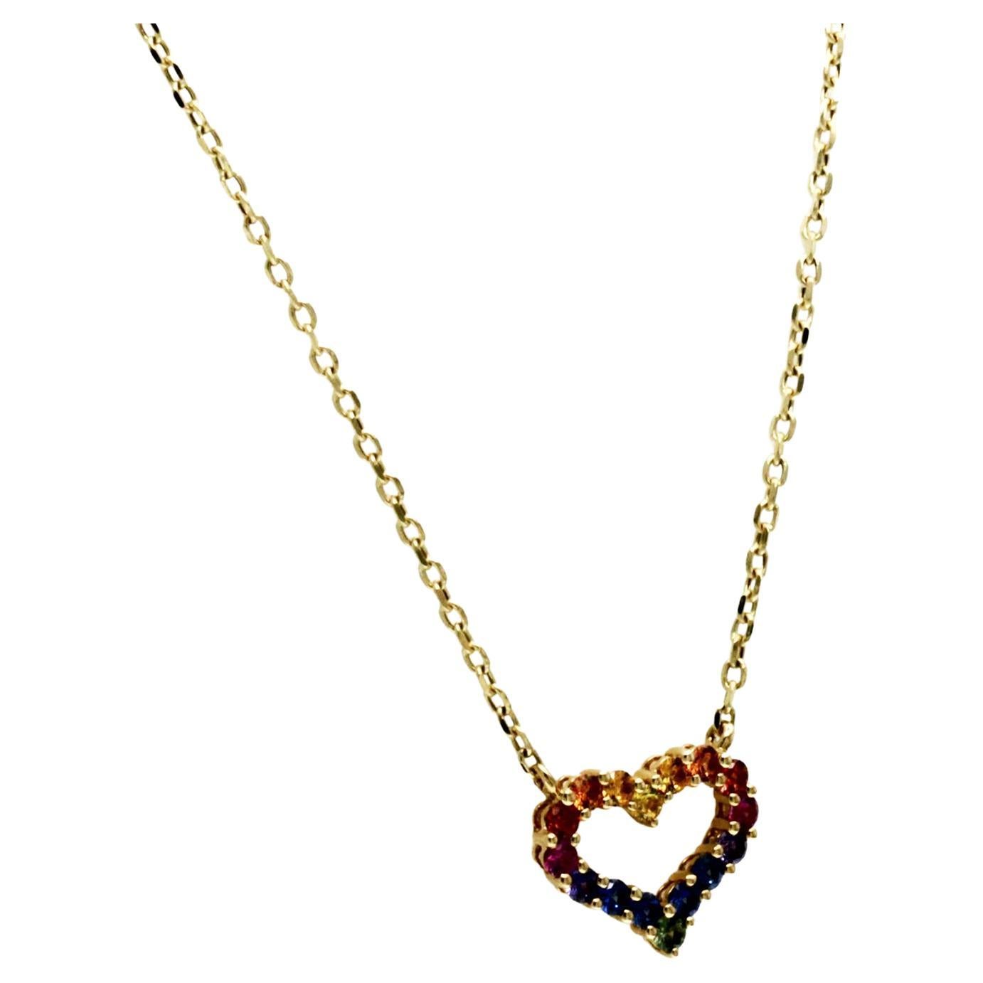0.12 CT Sapphires 0.06 CT 14K Yellow Gold Heart Pendant Necklace