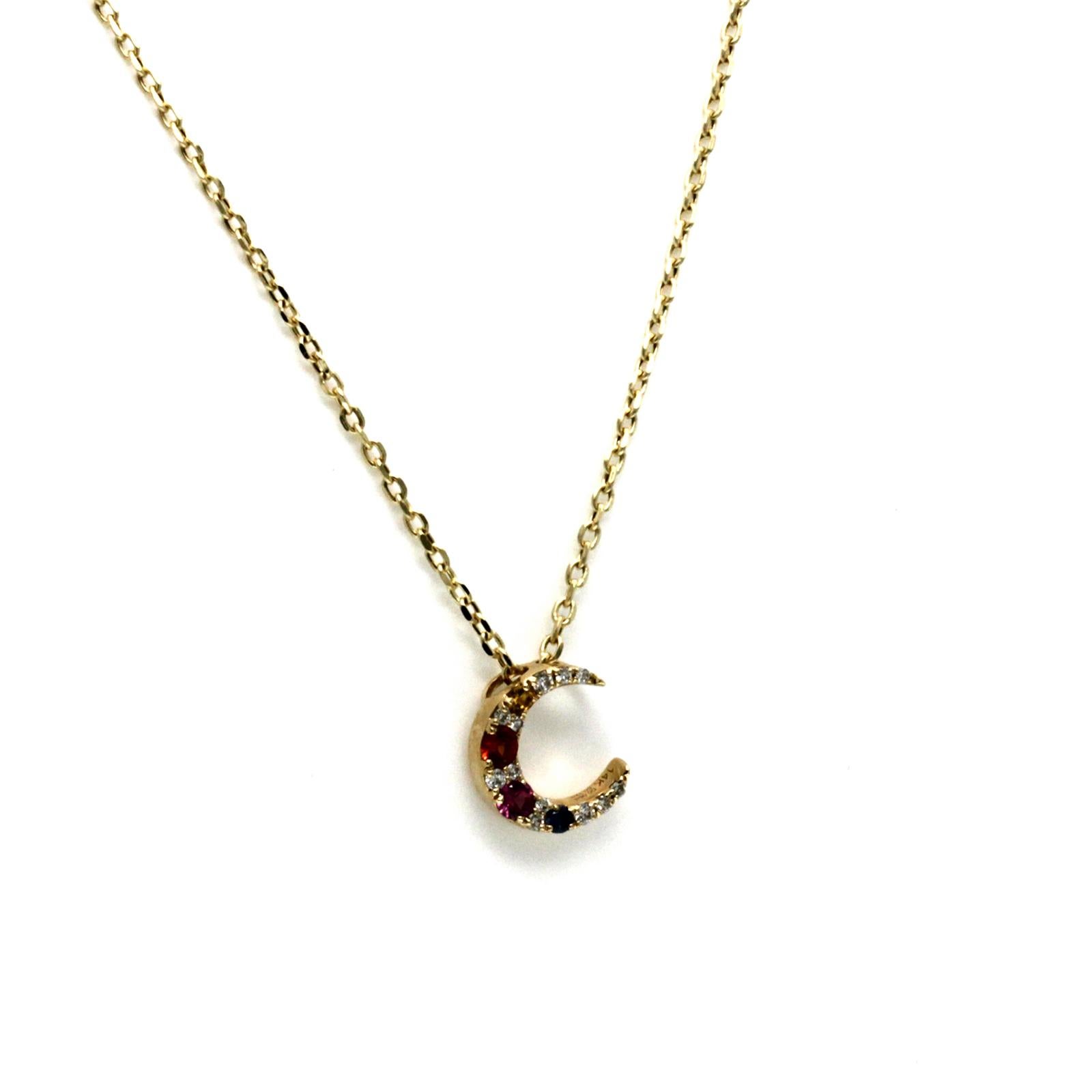 Round Cut 0.12 CT Sapphires 0.06 CT Diamond 14K Yellow Gold Crescent Moon Necklace For Sale