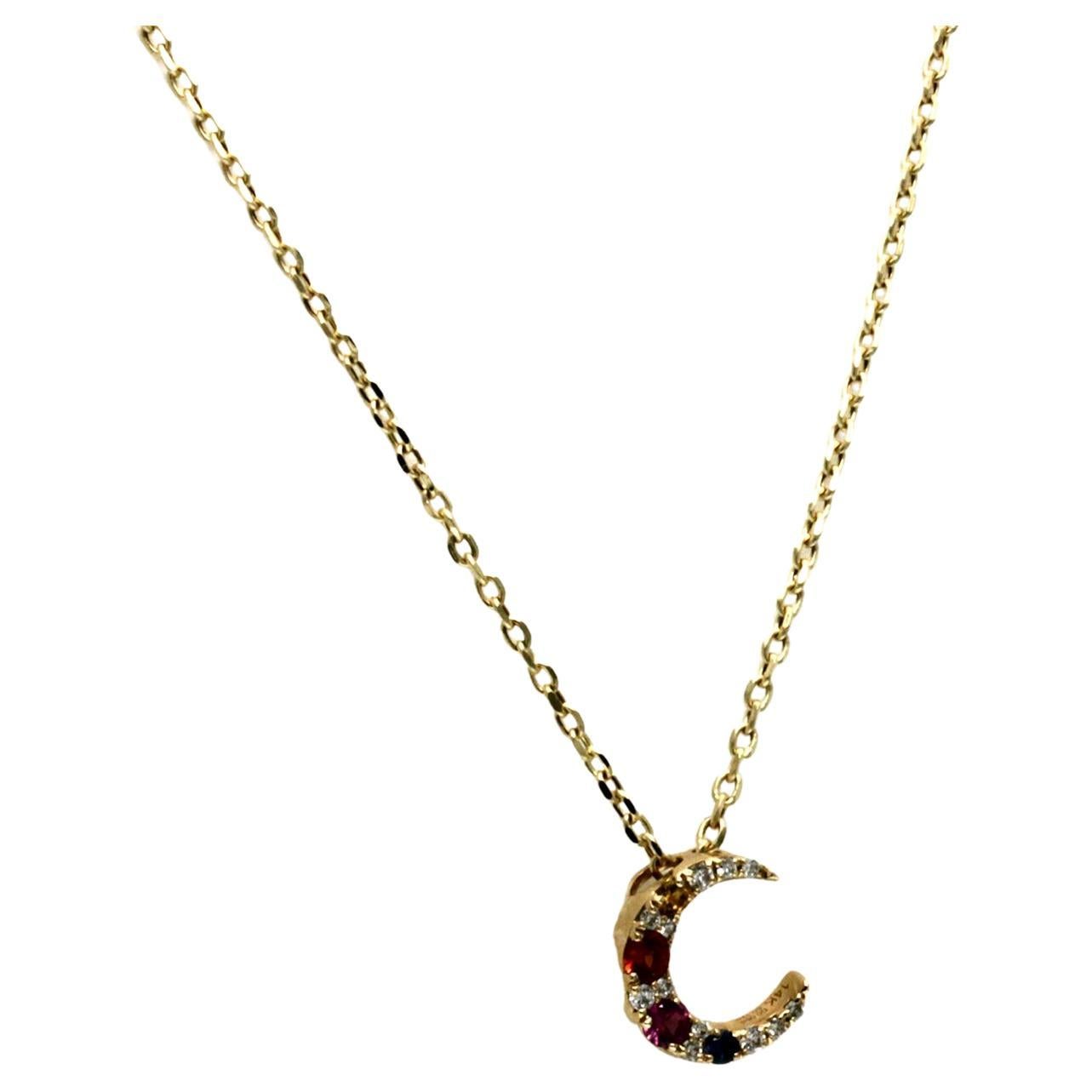 0.12 CT Sapphires 0.06 CT Diamond 14K Yellow Gold Crescent Moon Necklace