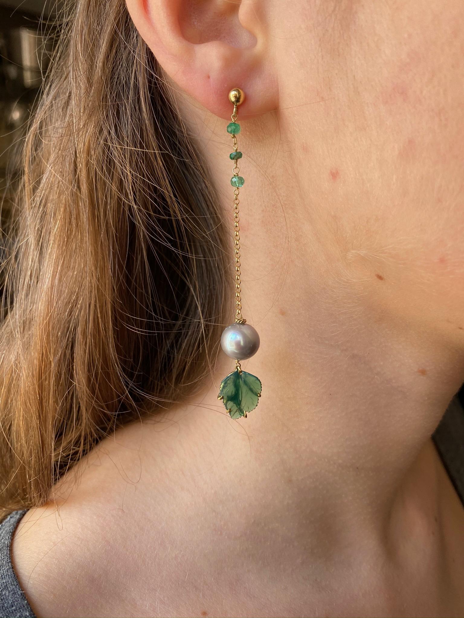Rossella Ugolini Design Collection,  Handcrafted earrings in 18 Karat Yellow Gold 0.12 Karat Emerald beads and Green Agate leaves and grey pearls. 
The verdant splendor of nature finds its way into these magnificent earrings, crafted in 18k gold.