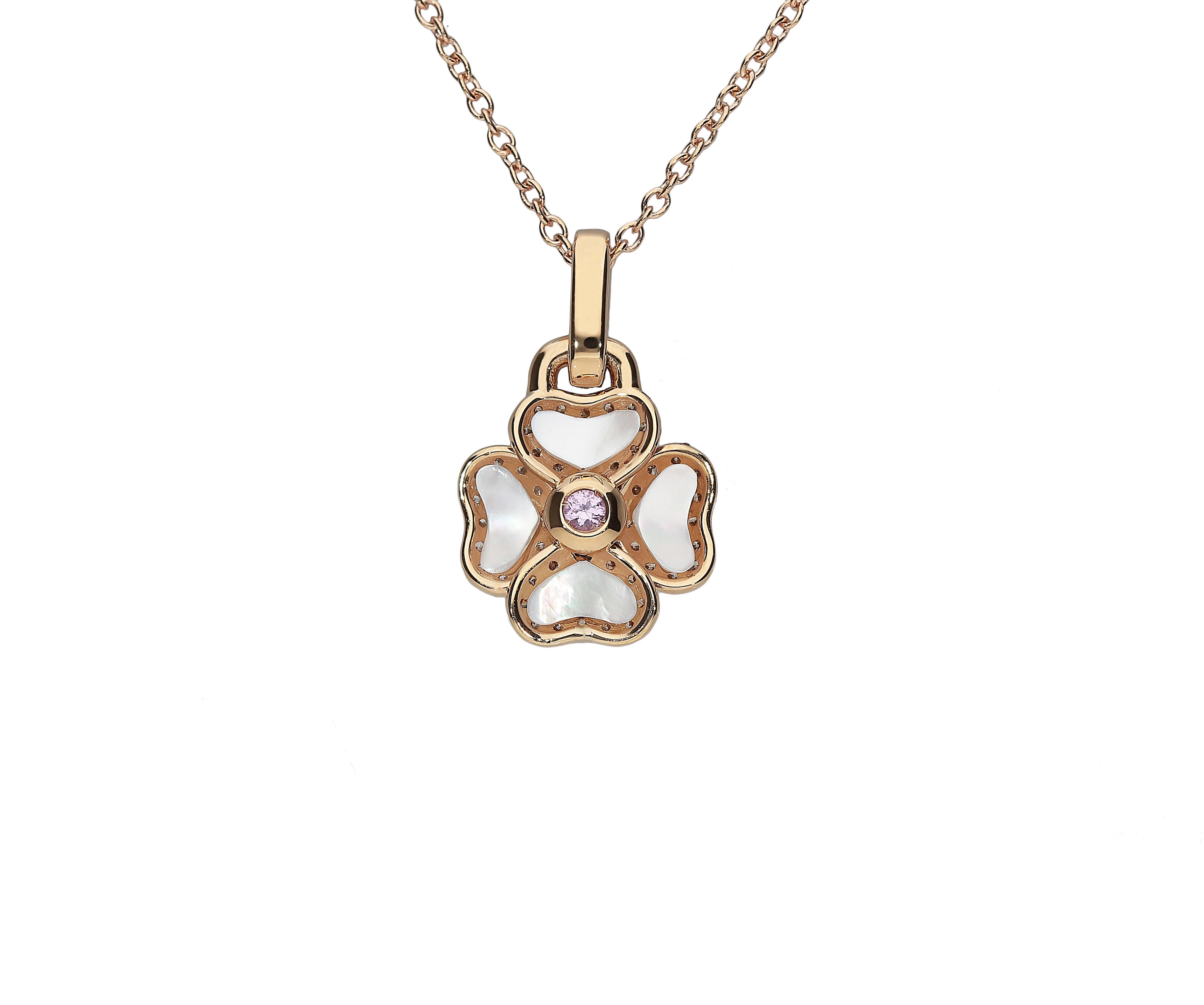 Modern 0.12 White GSI 0.15 Brown Diamonds 0.18 Pink Sapphires Mother of Pearl Necklace For Sale