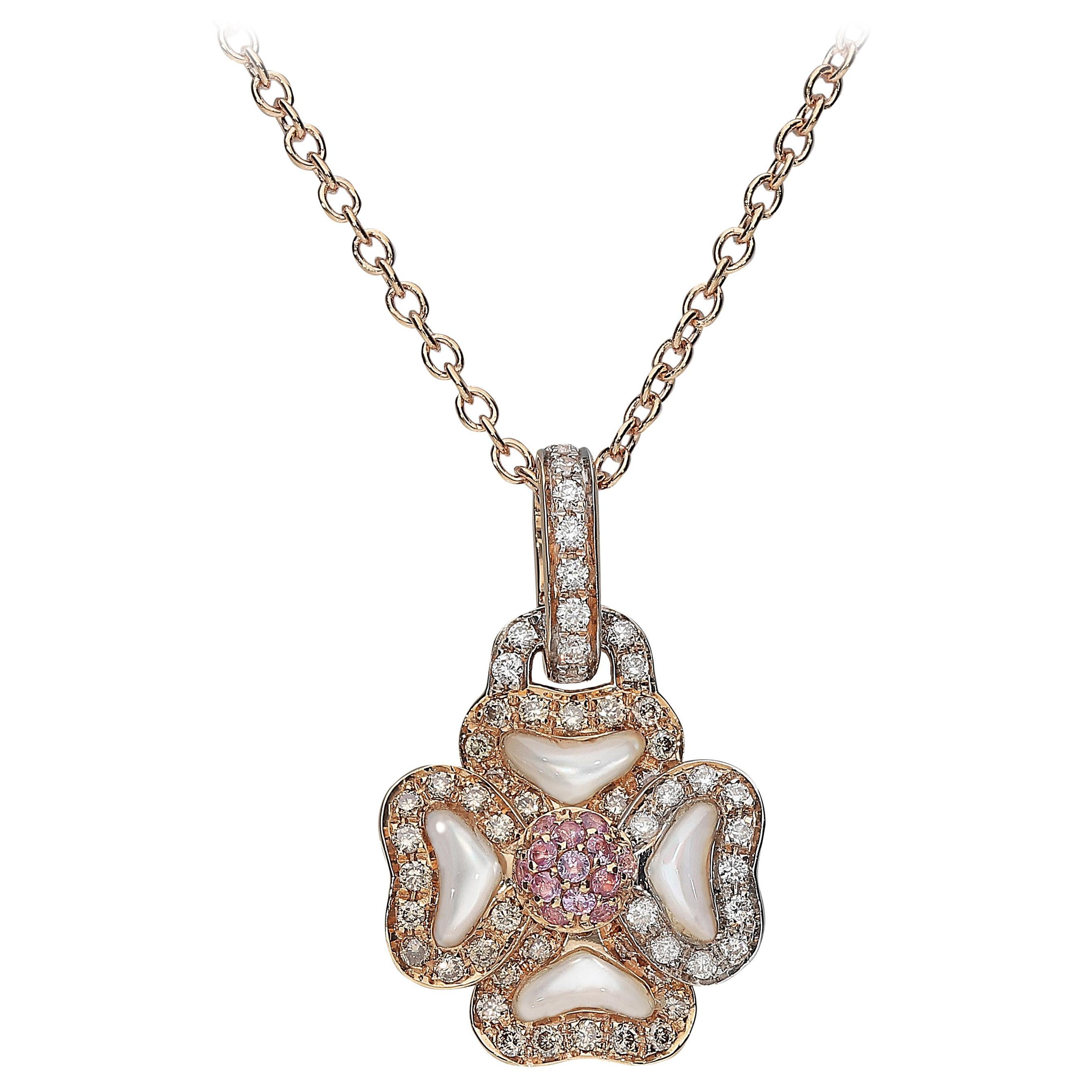 0.12 White GSI 0.15 Brown Diamonds 0.18 Pink Sapphires Mother of Pearl Necklace For Sale