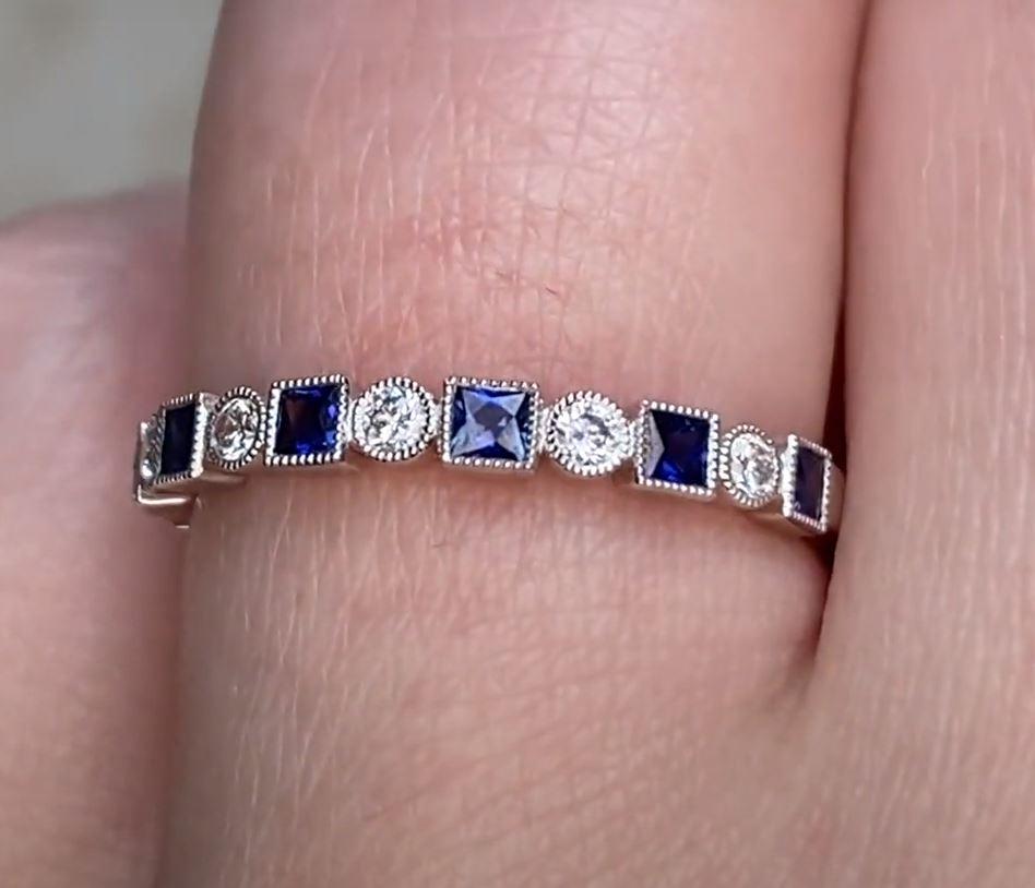 0.12ct Diamond & 0.21ct Natural Sapphire Band Ring, Platinum For Sale 1