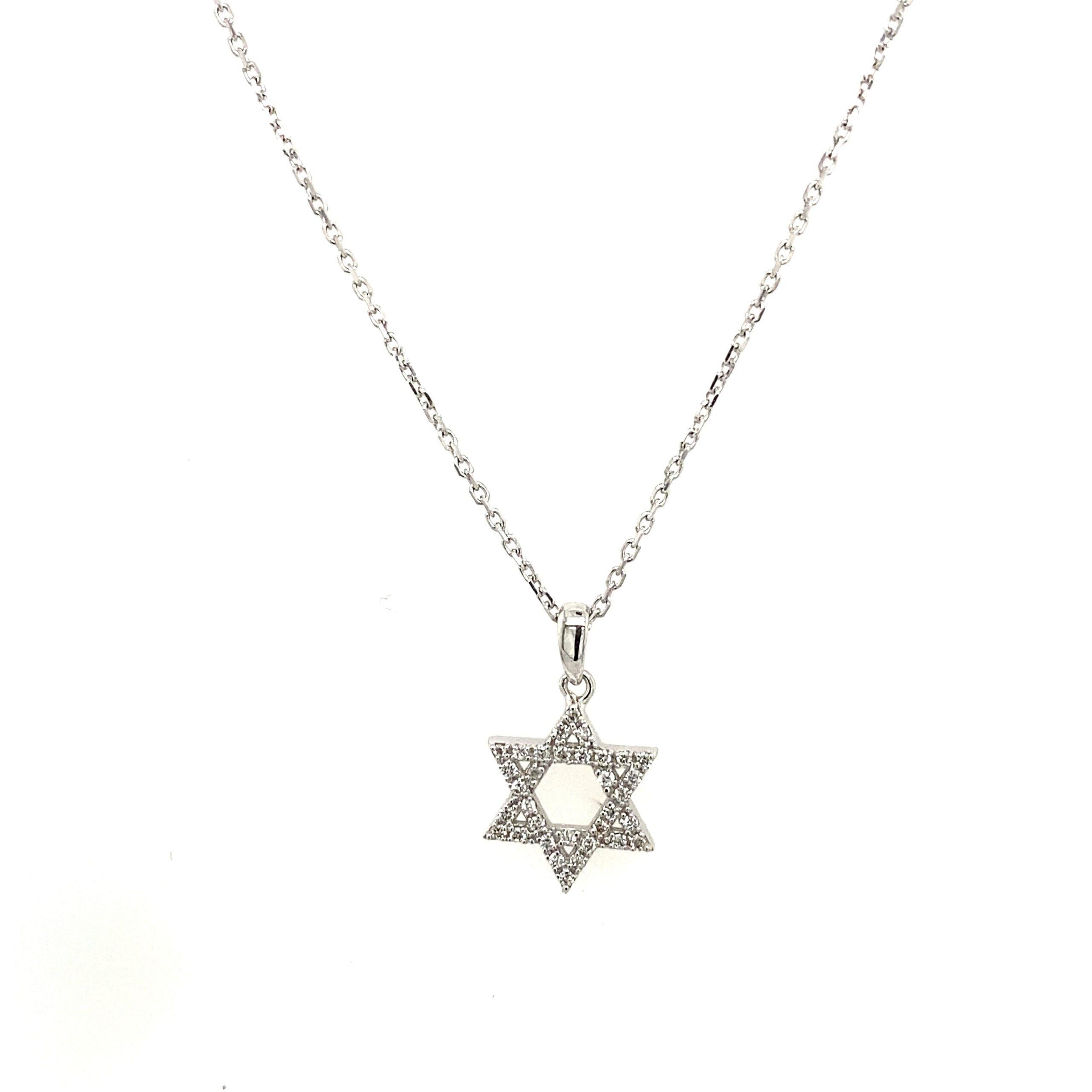 New White Gold Diamond Necklace Star of David, Set With 0.12ct, In 14ct Gold

Additional Information:
Total Diamond Weight: 0.12ct
Diamond Colour: G
Diamond Clarity: VS
Total Weight Chain: 2g
Pendant Length: 16mm
SMS4508