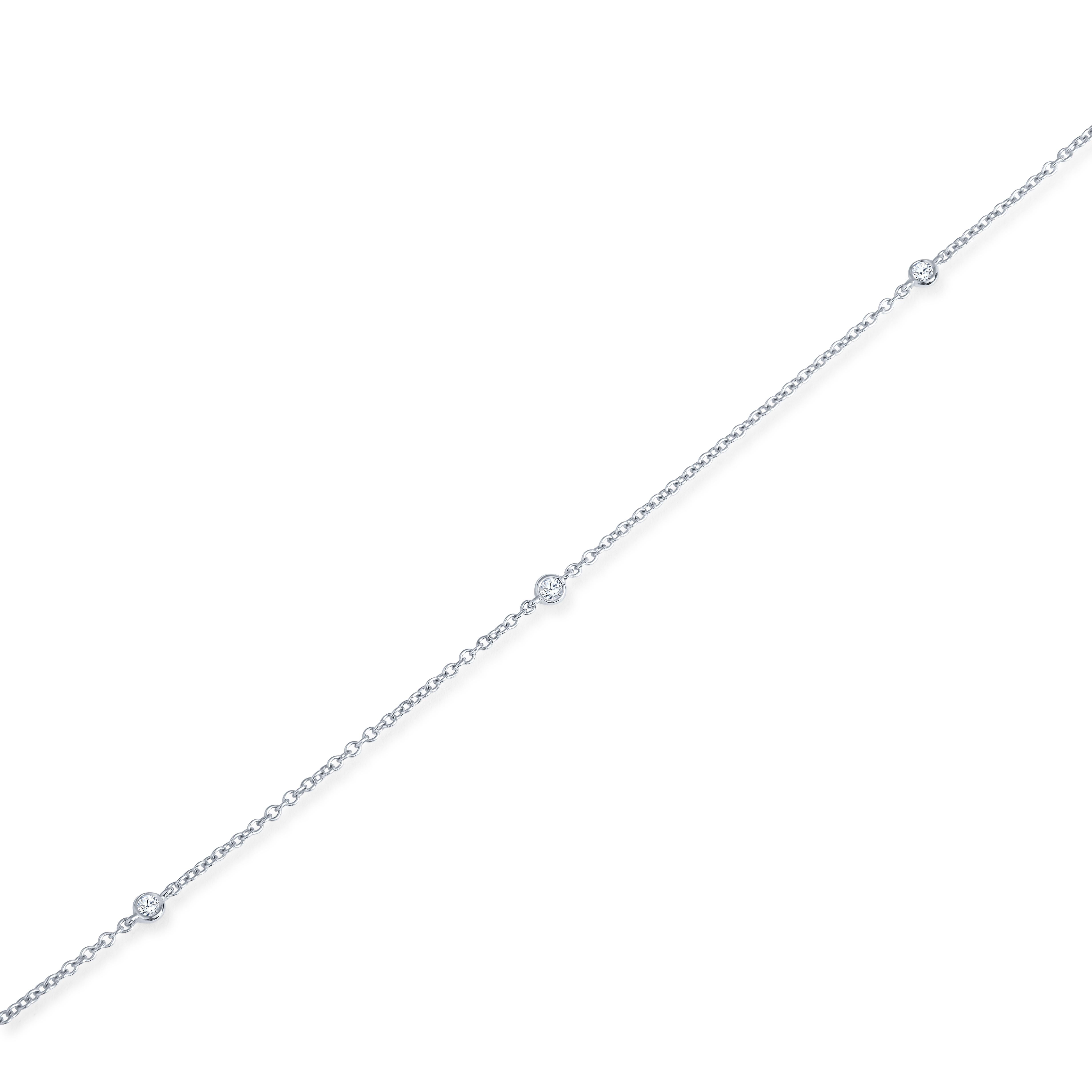 This station necklace is part of our Soft Glamour collection. It features 4 round brilliant diamonds with a 0.12ct total weight that are bezel-set on an 18kt white gold 17.5 inch cable chain. It is the ideal necklace to add elegance for everyday