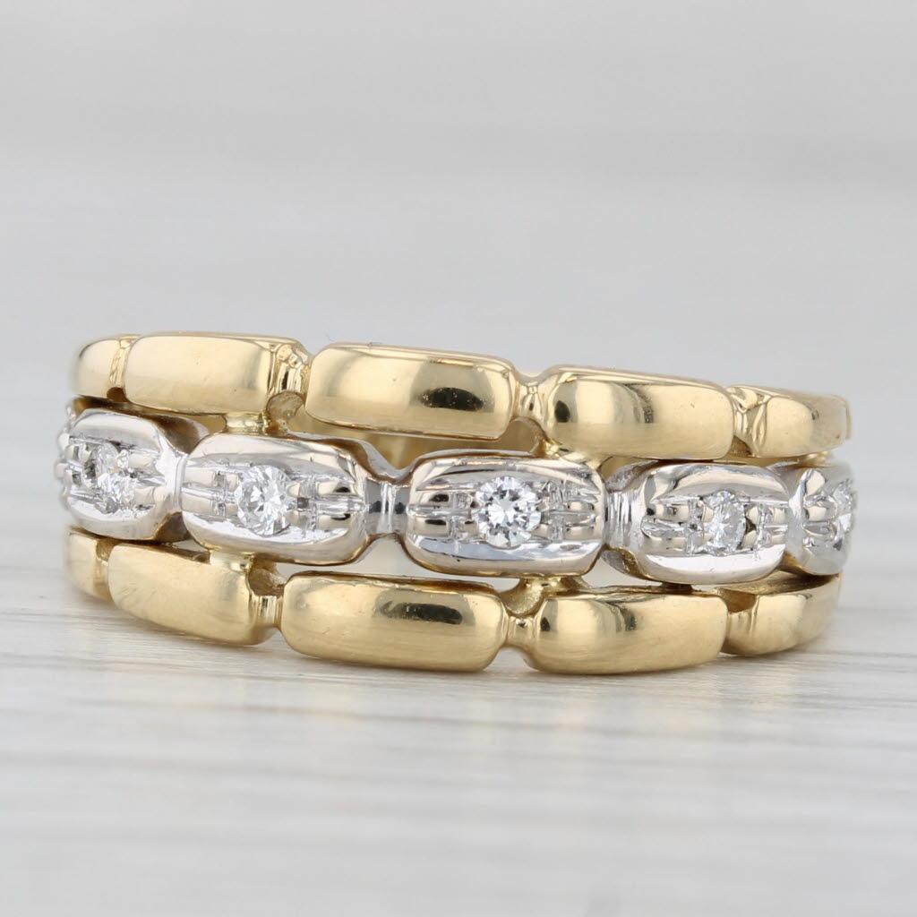 0.12ctw Diamond 2-Toned Band 18k Yellow White Gold Size 7.25 Bamboo Pattern Ring In Good Condition For Sale In McLeansville, NC