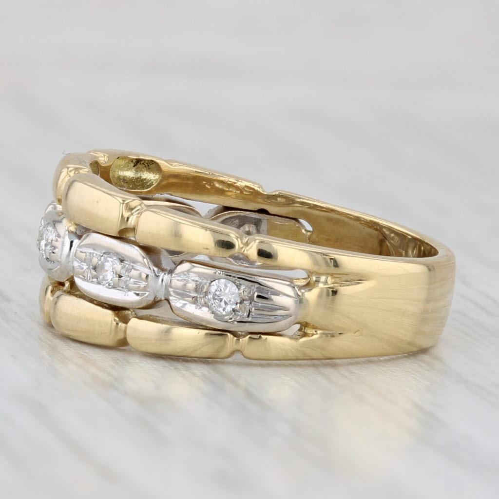 Women's or Men's 0.12ctw Diamond 2-Toned Band 18k Yellow White Gold Size 7.25 Bamboo Pattern Ring For Sale
