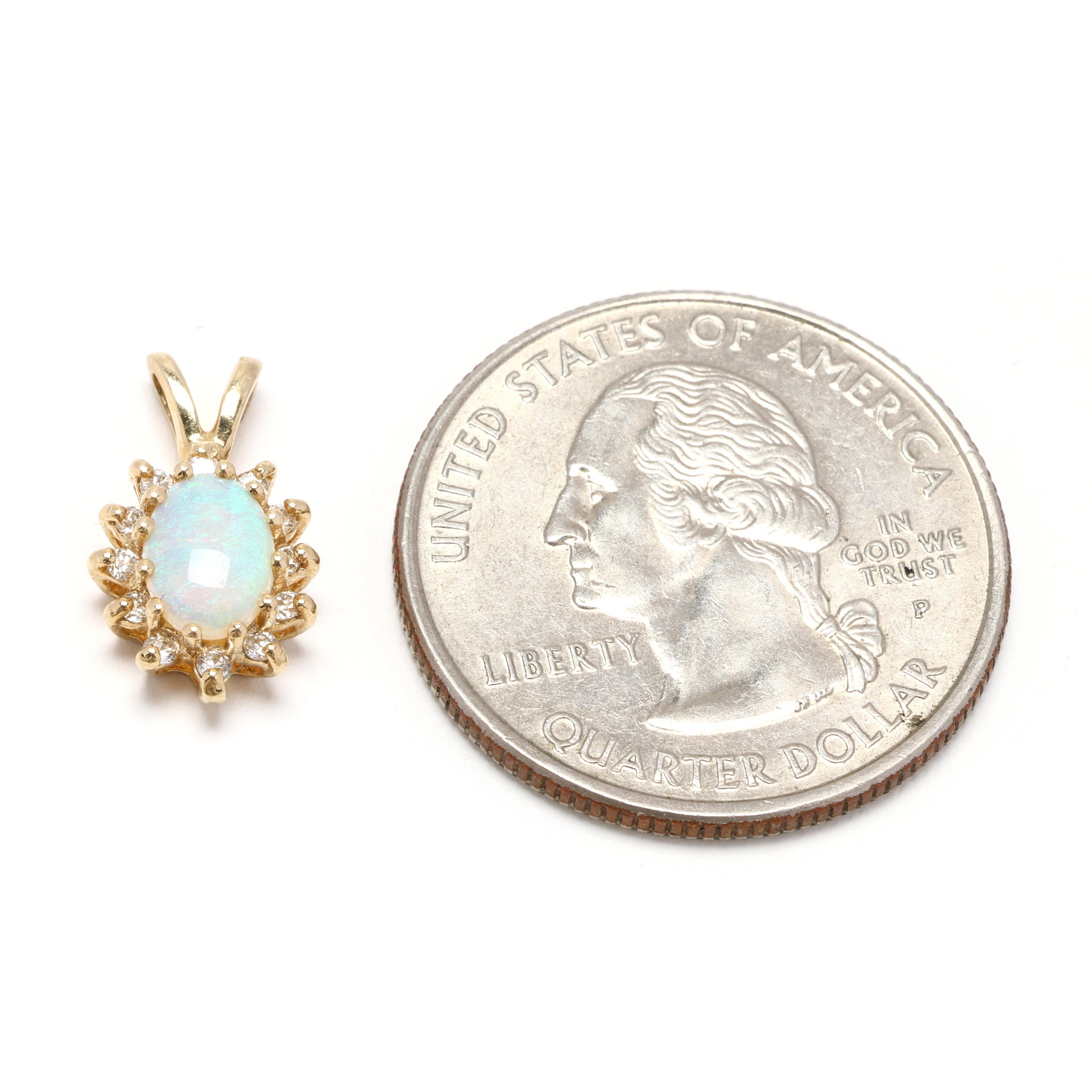 Oval Cut 0.12ctw Diamond and Opal Pendant, 14k Yellow Gold, Small Dainty Pendant Charm For Sale
