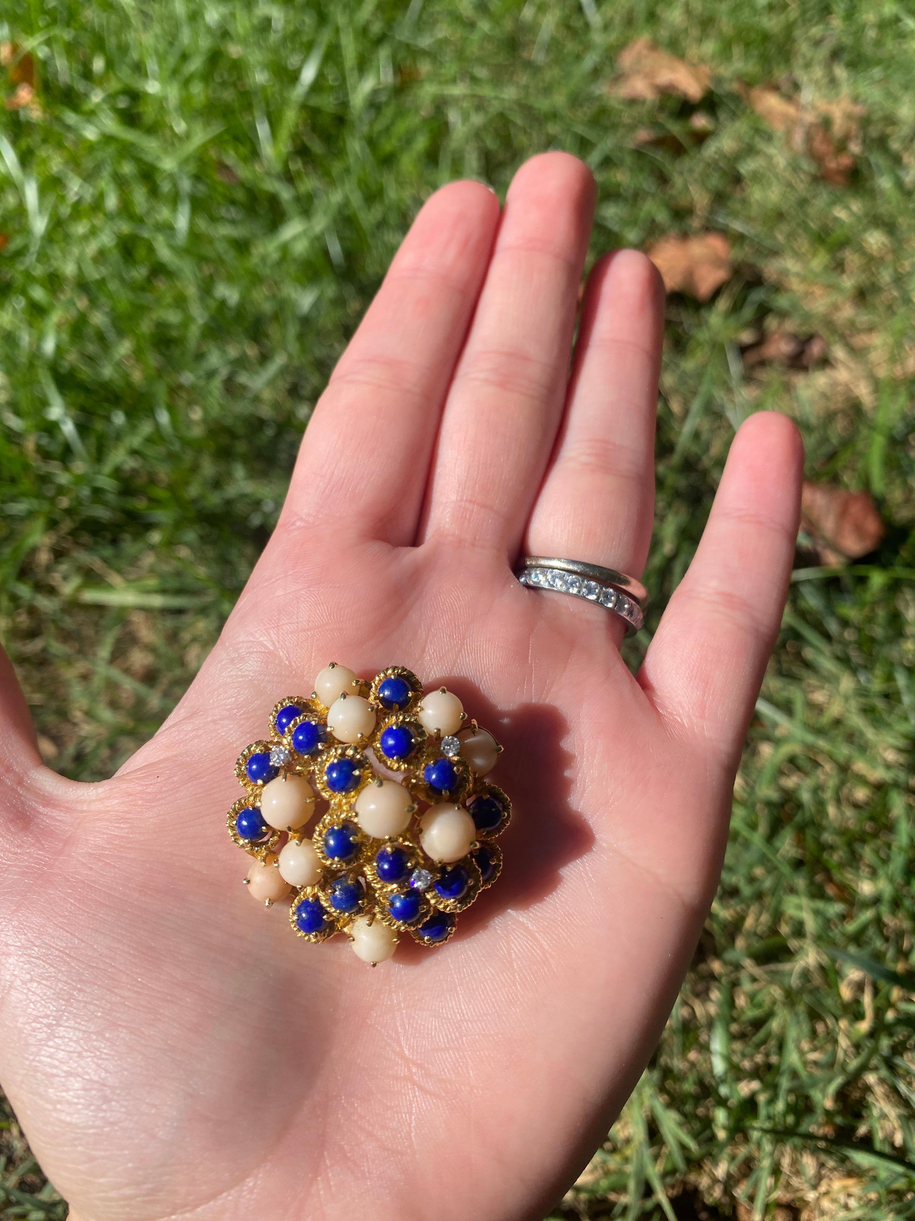 0.12ctw Diamond Coral Lapis Signed Brooch, 18K Yellow Gold, Length 1.25 Inches In Good Condition In McLeansville, NC