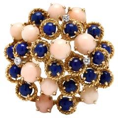 0.12ctw Diamond Coral Lapis Signed Brooch, 18K Yellow Gold, Length 1.25 Inches