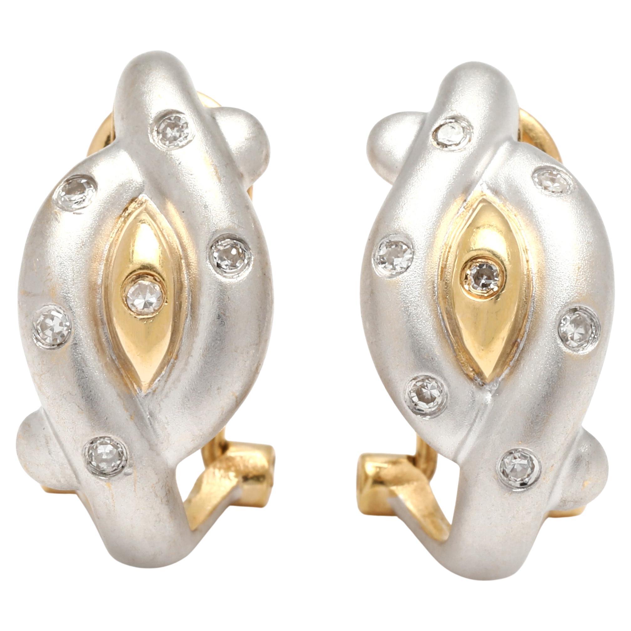 0.12ctw Diamond Criss Cross Hoop Earrings, 18k Yellow and White Gold, Leverback