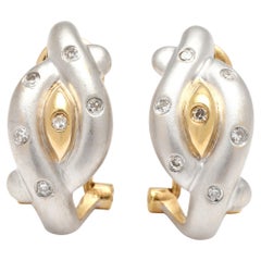 0.12ctw Diamond Criss Cross Hoop Earrings, 18k Yellow and White Gold, Leverback