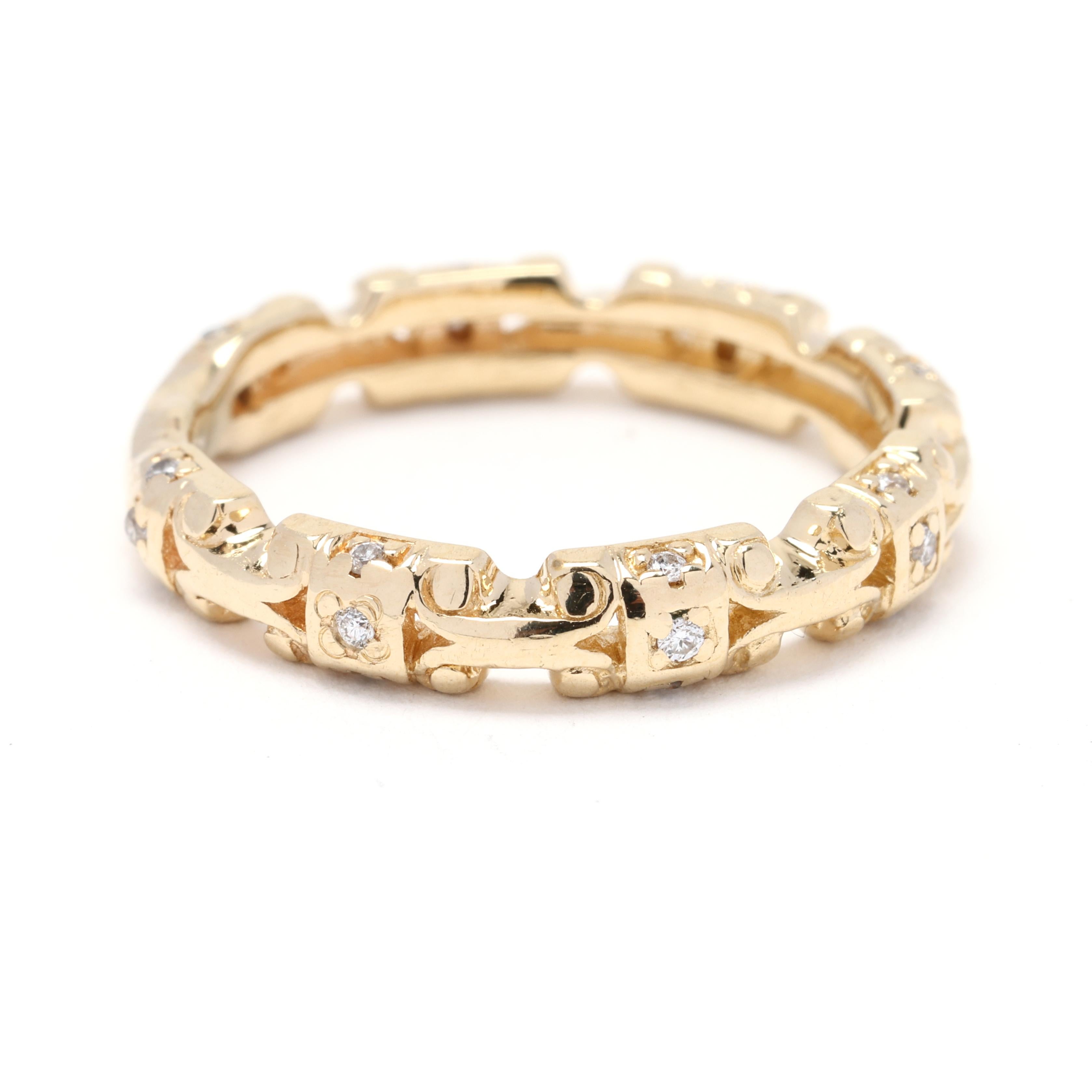 This stunning diamond patterned band is crafted in 14k yellow gold and features a unique design that is sure to catch the eye. The band is adorned with a pattern of tiny diamonds that adds a touch of sparkle and elegance to the piece. The diamonds